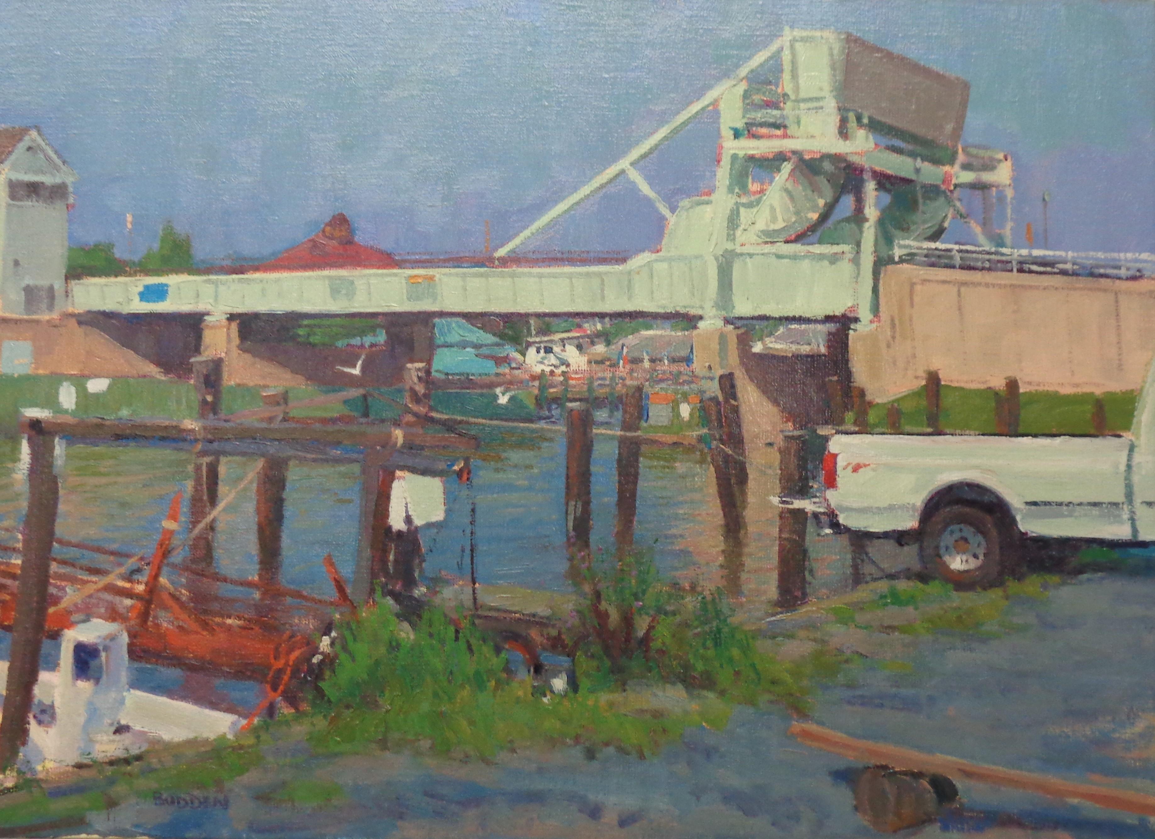 Tilghman Island Marina is a beautiful  oil painting on canvas by award winning contemporary artist Michael Budden that displays the very essence of plein air painting . This painting has been in the artists collection since painted on location in