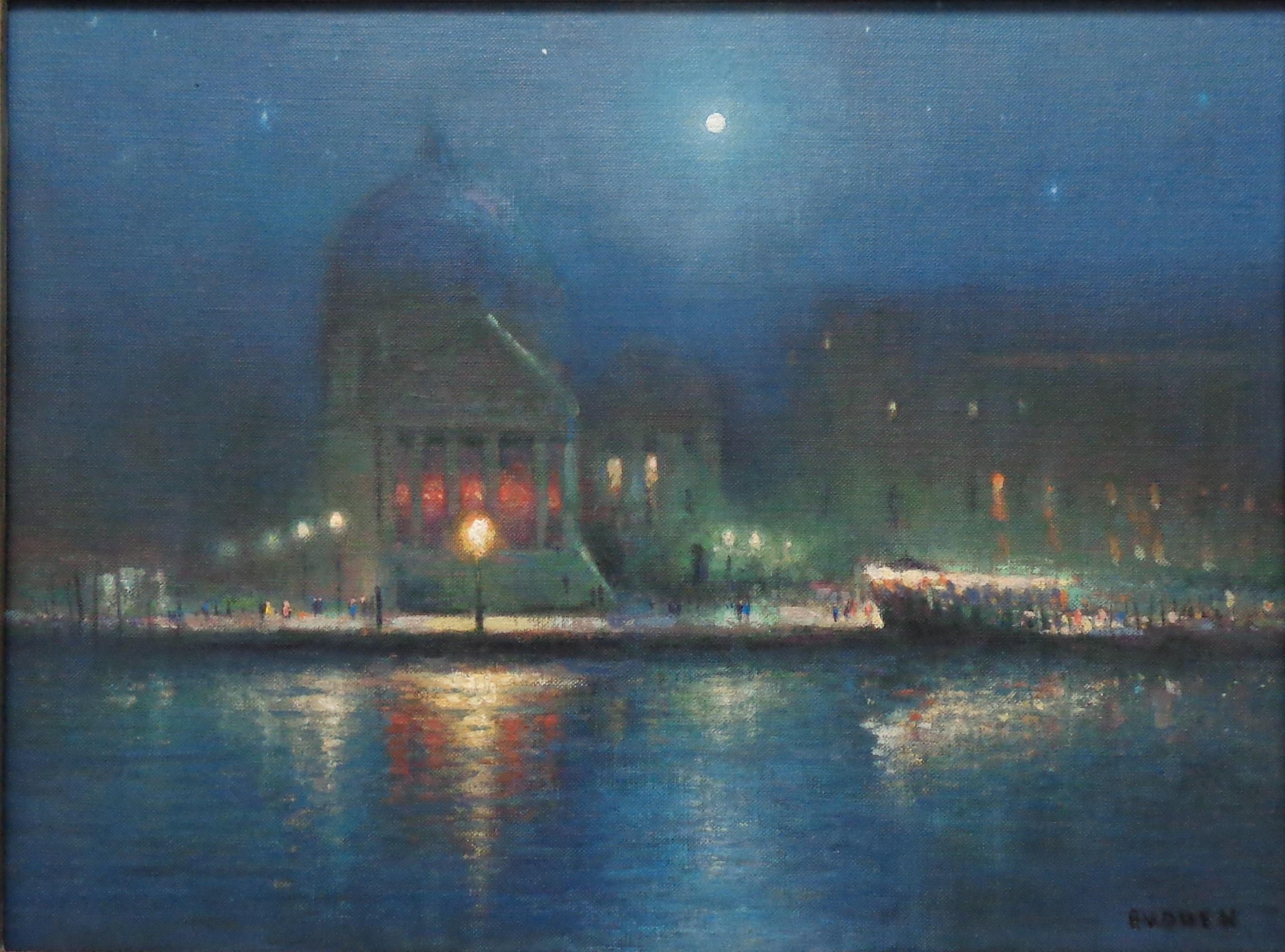 Impressionistic Seascape Venice Painting Michael Budden Moonlight on the Canal For Sale 1