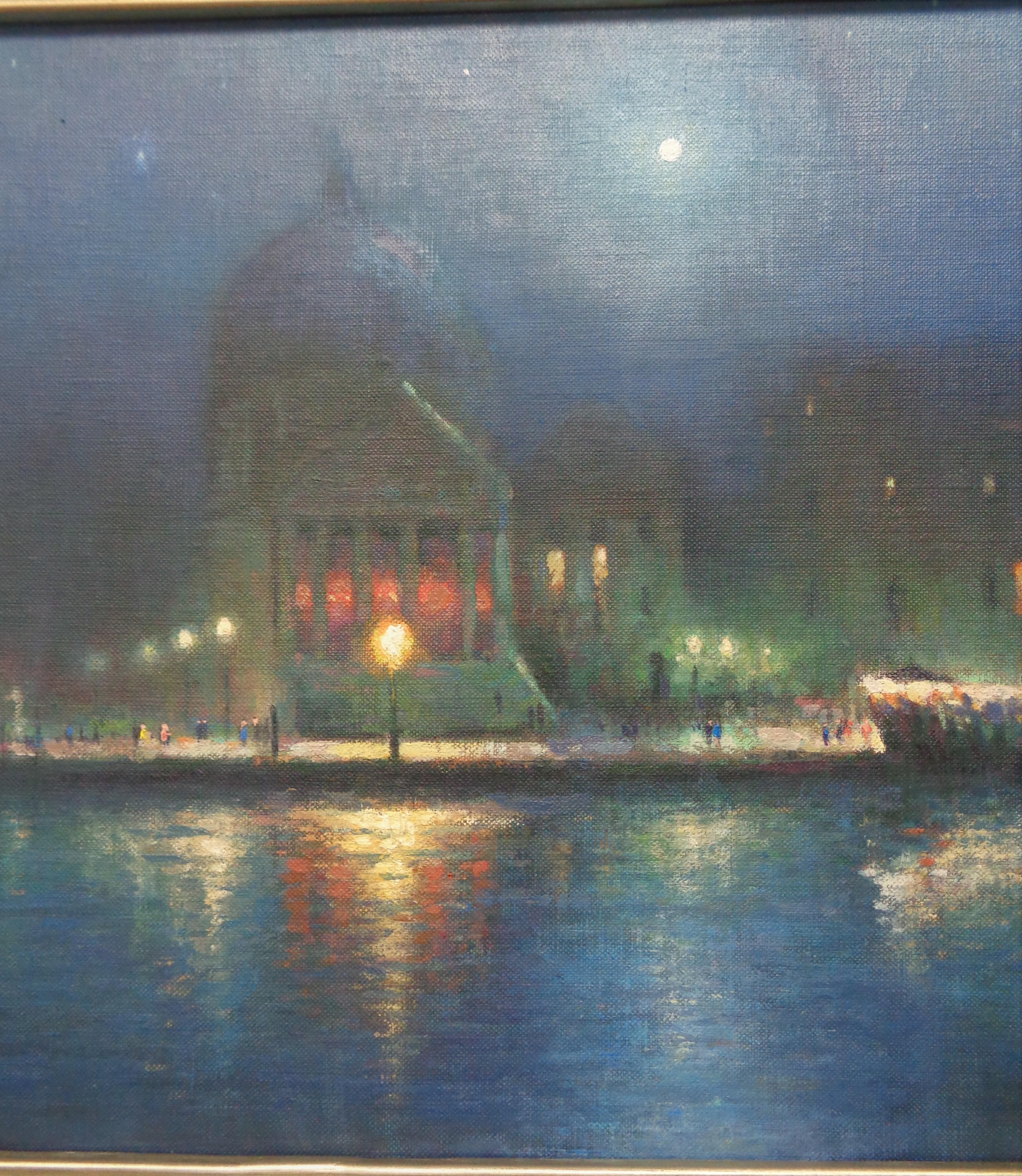 Impressionistic Seascape Venice Painting Michael Budden Moonlight on the Canal For Sale 3
