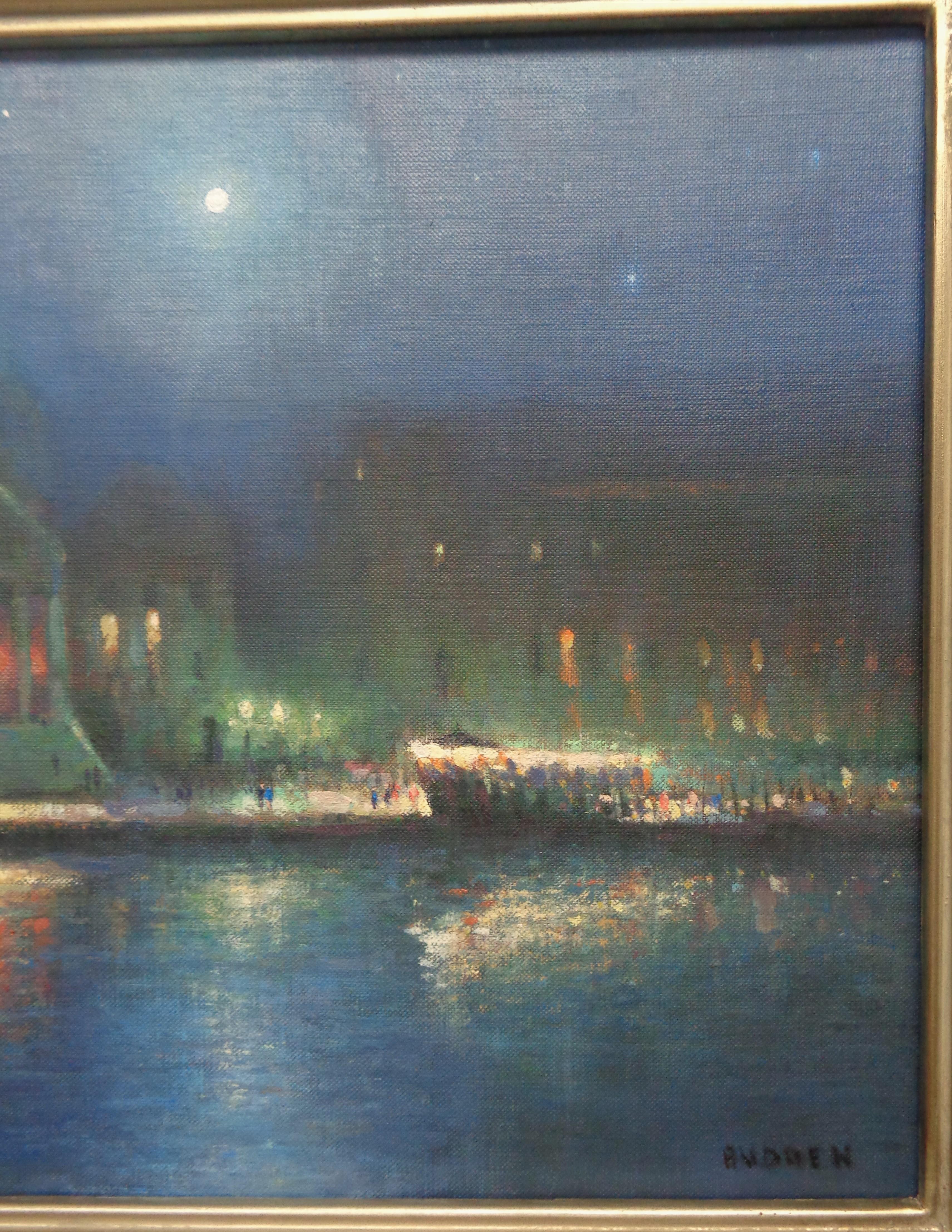 Impressionistic Seascape Venice Painting Michael Budden Moonlight on the Canal For Sale 4