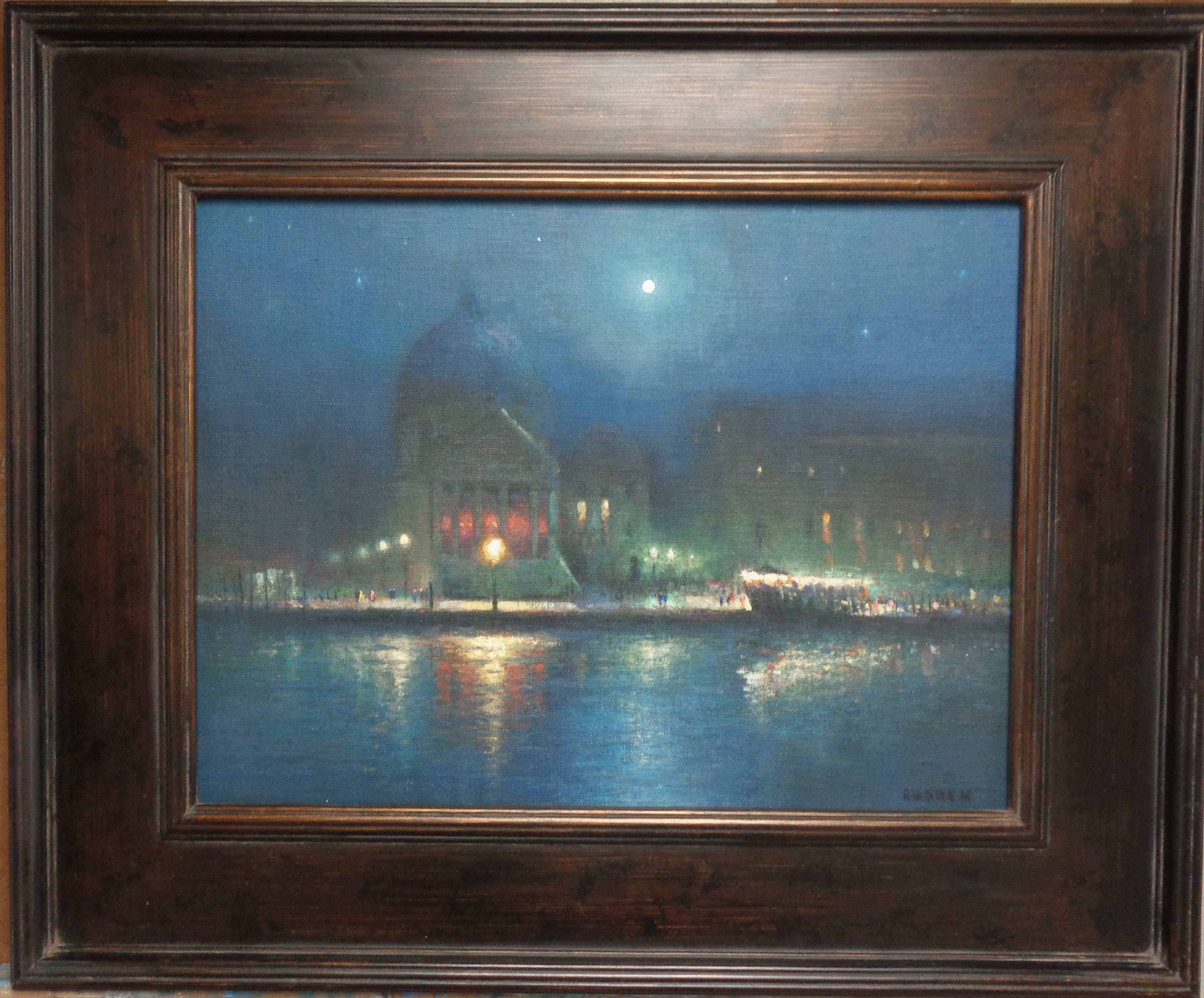 Moonlight on the Canal, Venice
oil/panel
12 x 16 unframed, 18.38 x 22.38 framed
Signed LR
Moonlight on the Canal is a beautiful oil painting on canvas panel by award winning contemporary artist Michael Budden that showcases a moonlit evening in