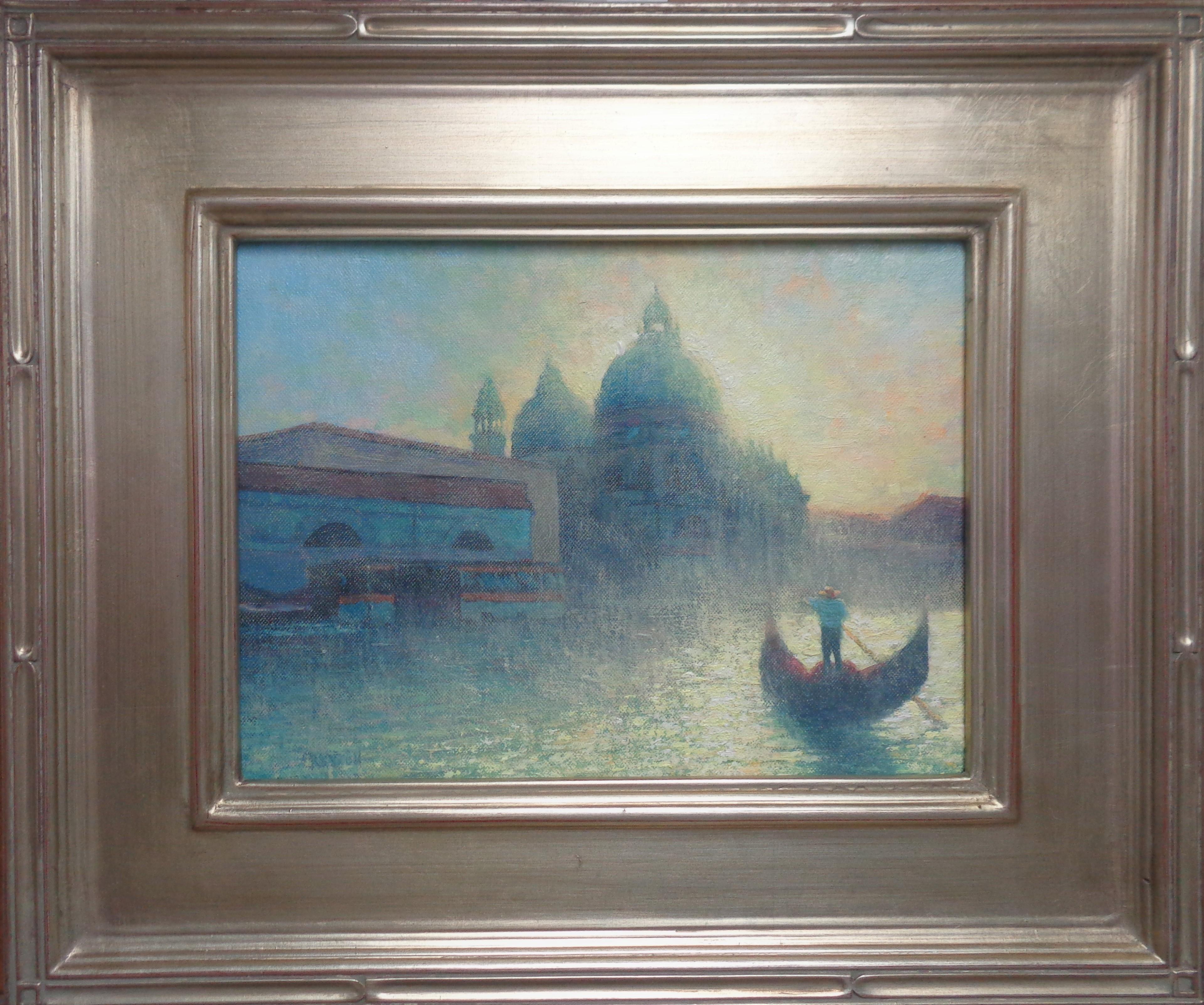 Morgenlicht Venedig
 9 x 12 ungerahmt, 15,5 x 18,5 gerahmt.
 Morning Light Venice ist ein wunderschönes Ölgemälde auf Leinwand des preisgekrönten zeitgenössischen Künstlers Michael Budden, das einen Gondoliere zeigt, der durch den goldenen Nebel zum