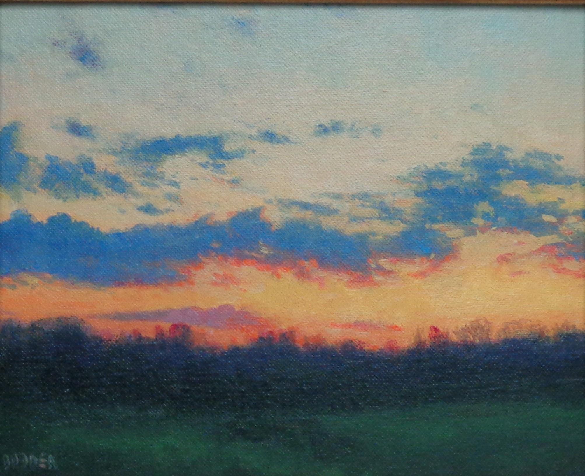 Evening Colors is a new oil on panel painting just completed in the studio. The painting exudes the rich qualities of oil paint with bright strong color, a variety of lost and found edges, visible brush work and a concentration on a beautiful