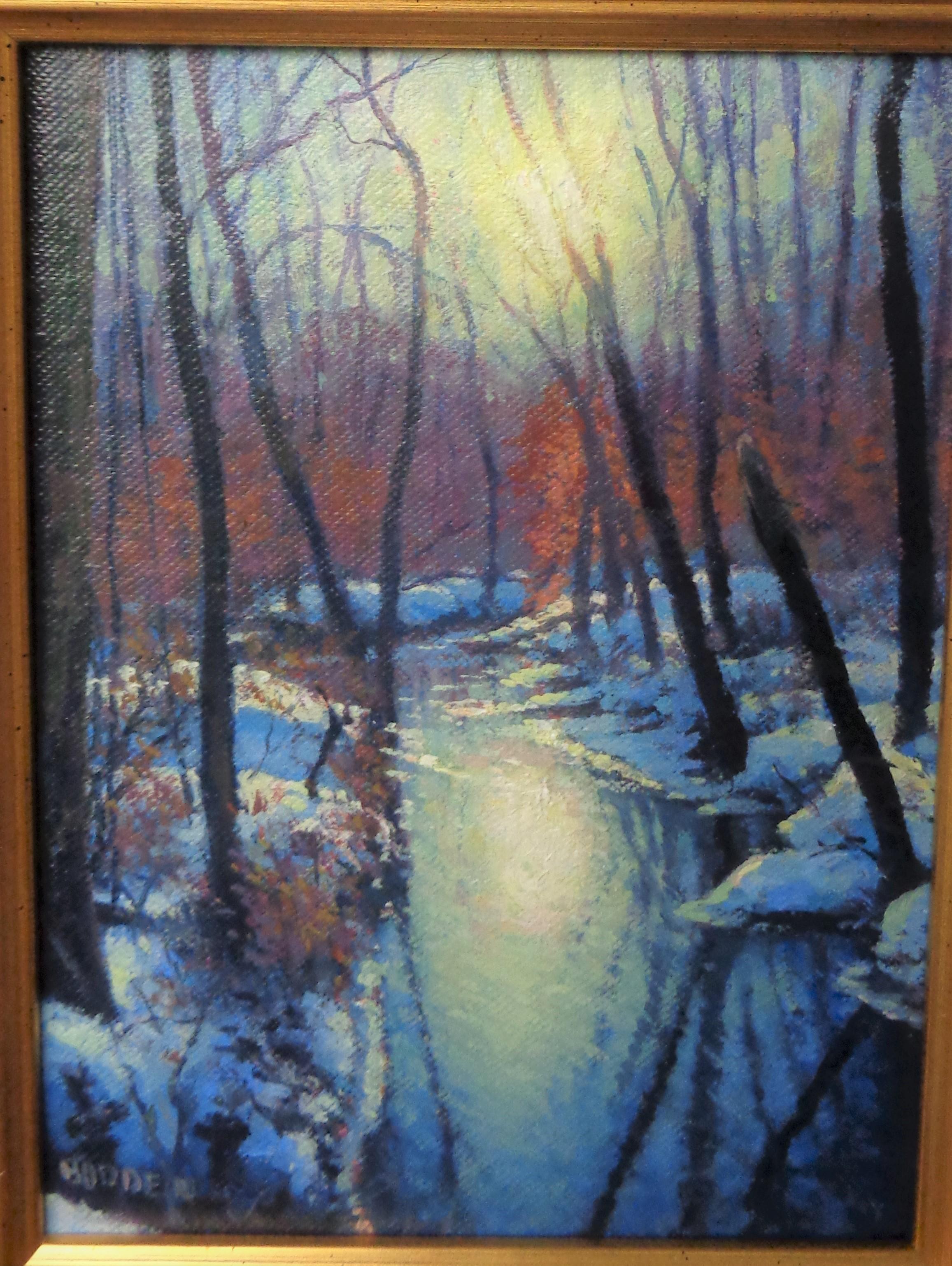 Pintura al óleo impresionista sobre nieve Michael Budden Amanecer de invierno en venta 1