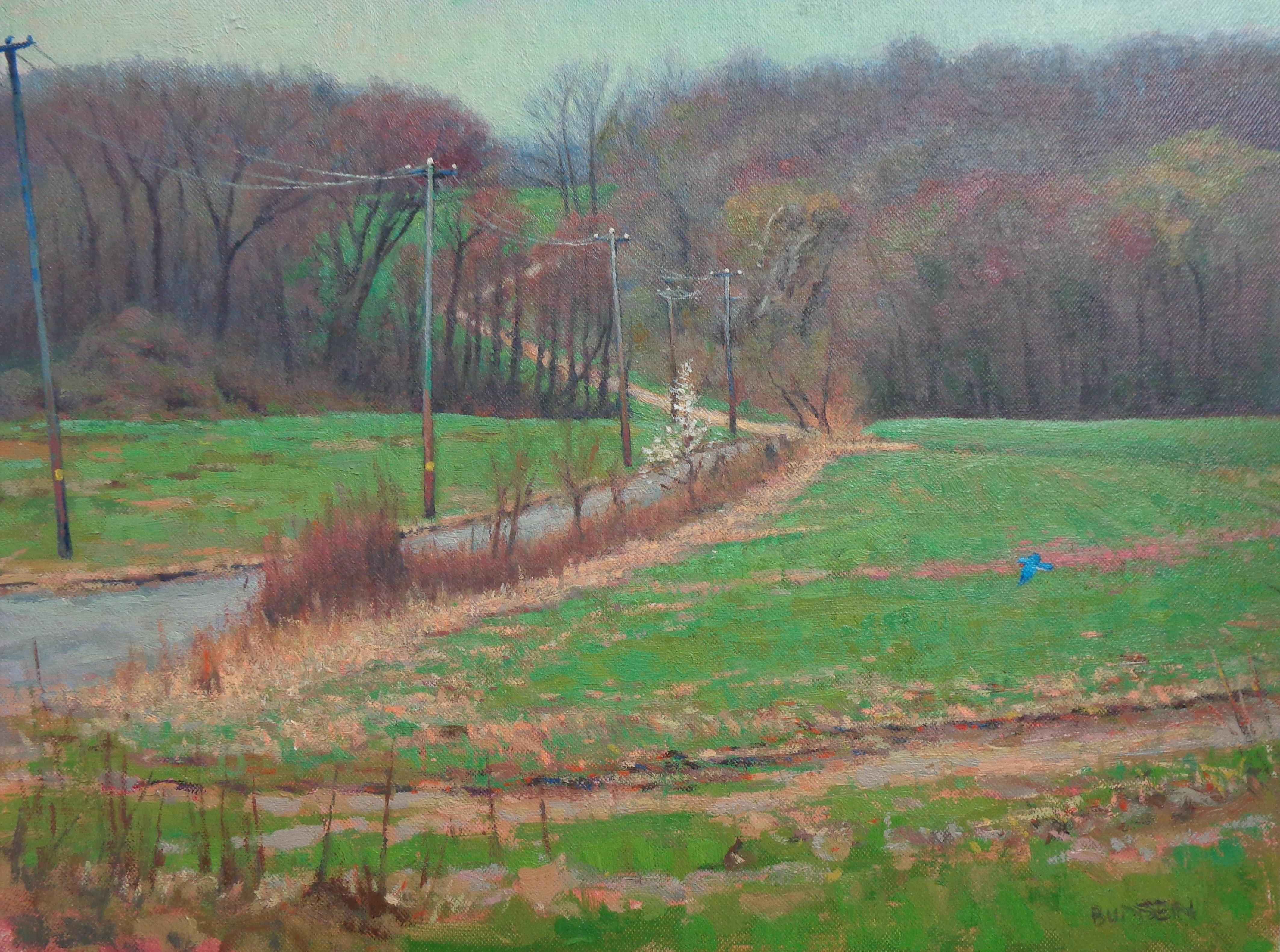 Pintura al óleo Impresionista Paisaje de granja en primavera Michael Budden Pájaro azul en venta 1