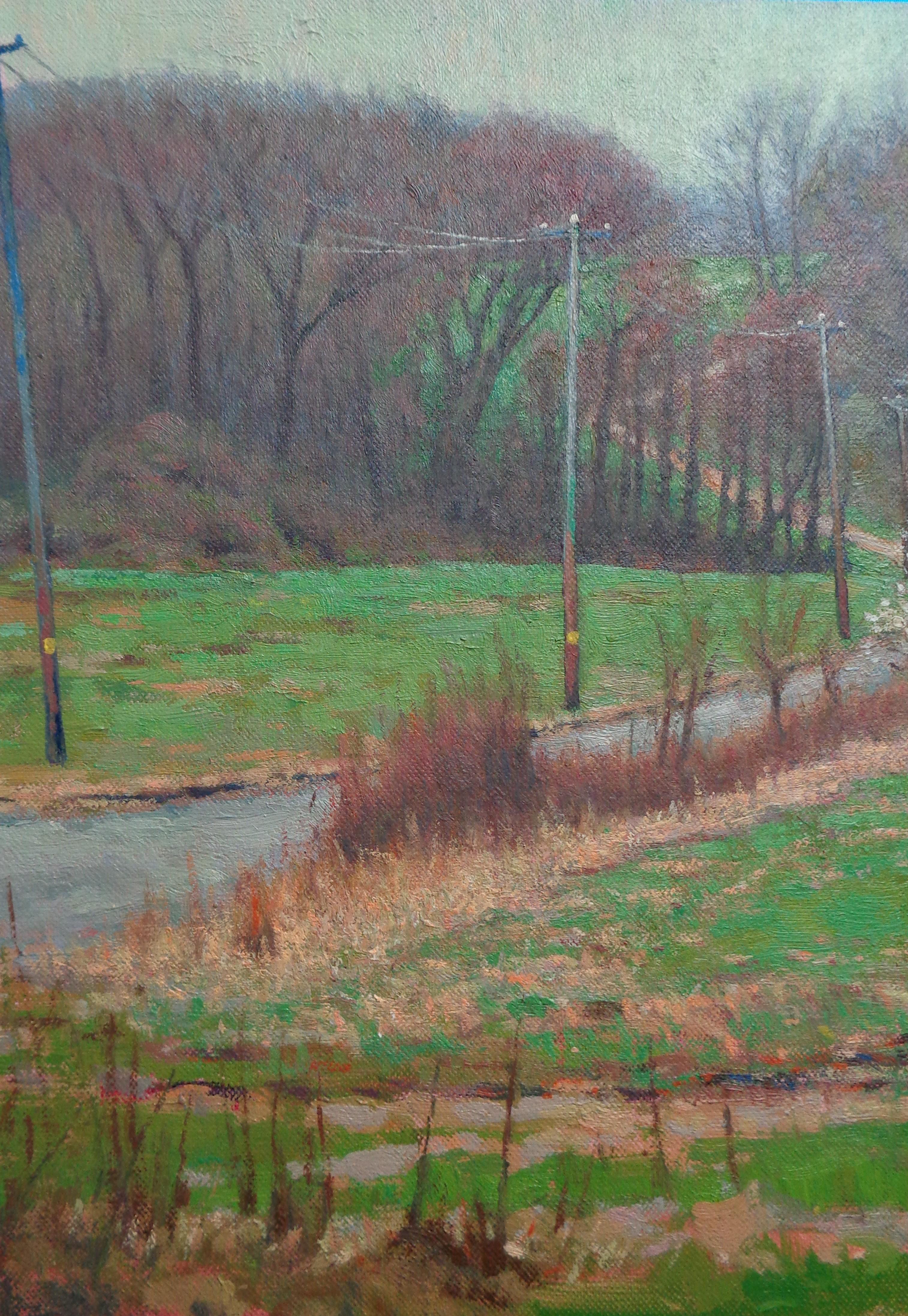 Pintura al óleo Impresionista Paisaje de granja en primavera Michael Budden Pájaro azul en venta 2