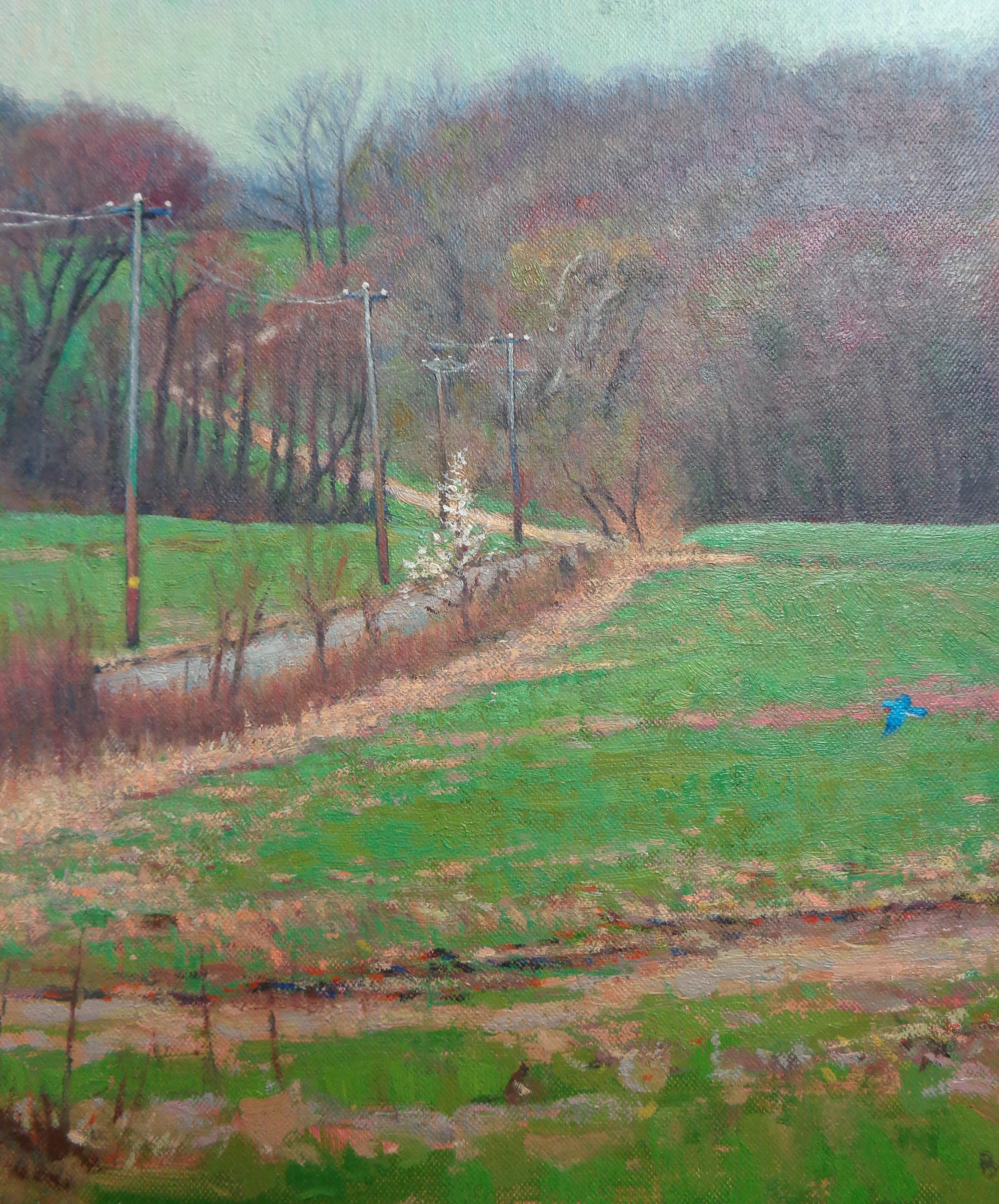 Pintura al óleo Impresionista Paisaje de granja en primavera Michael Budden Pájaro azul en venta 3