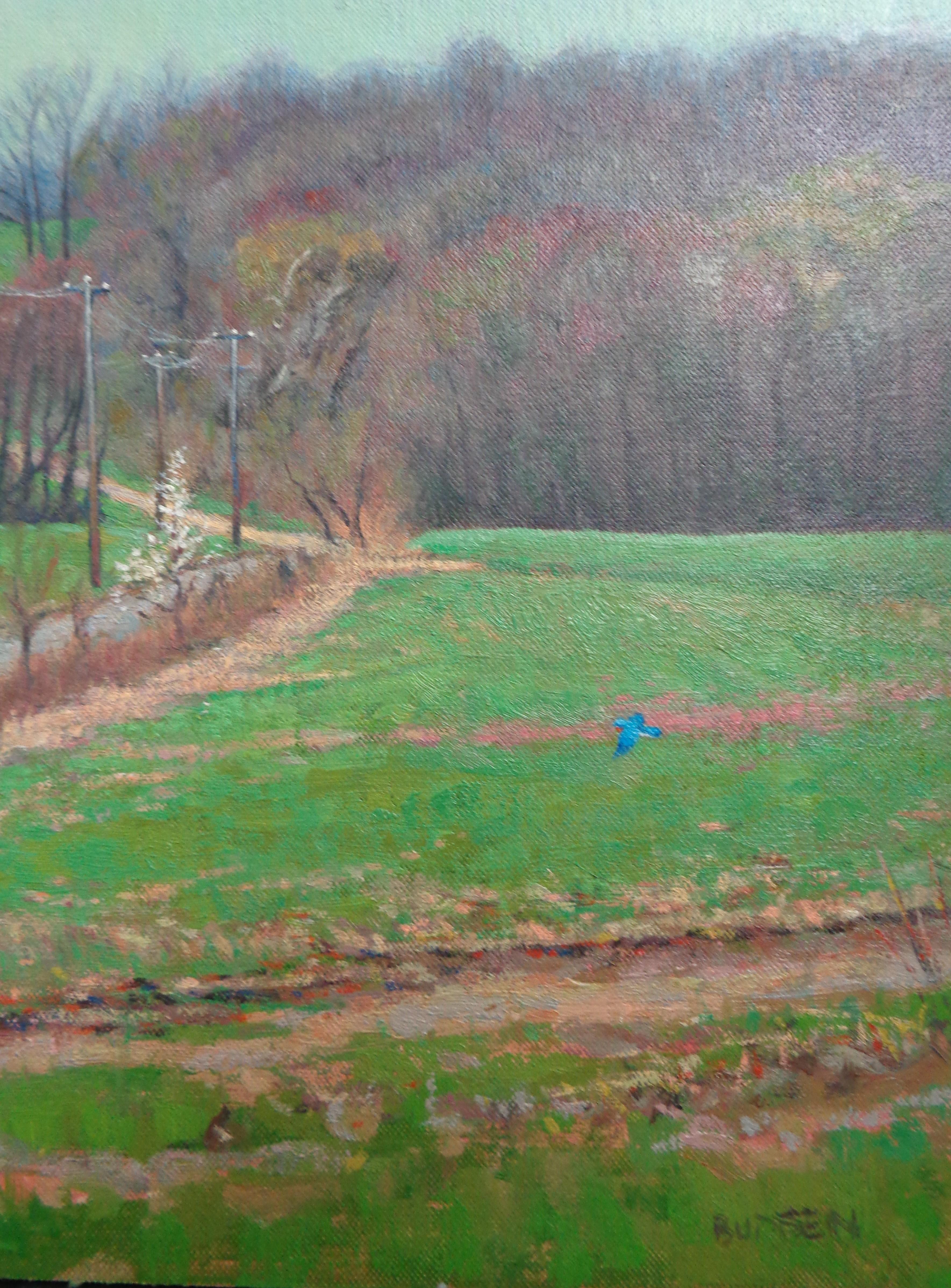  Peinture à l'huile impressionniste - Paysage de ferme de printemps - Oiseau bleu de Michael Budden en vente 4