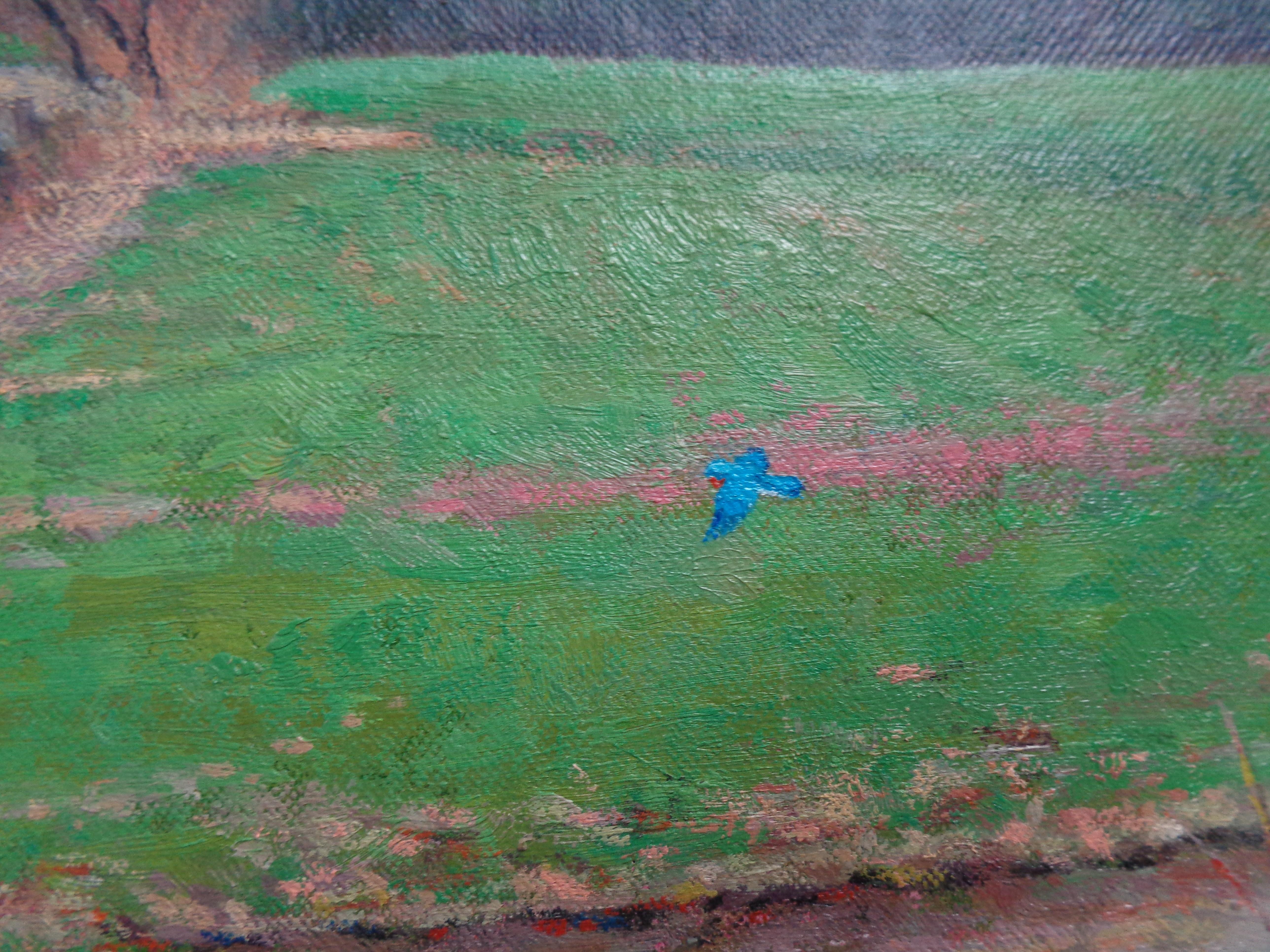  Peinture à l'huile impressionniste - Paysage de ferme de printemps - Oiseau bleu de Michael Budden en vente 5