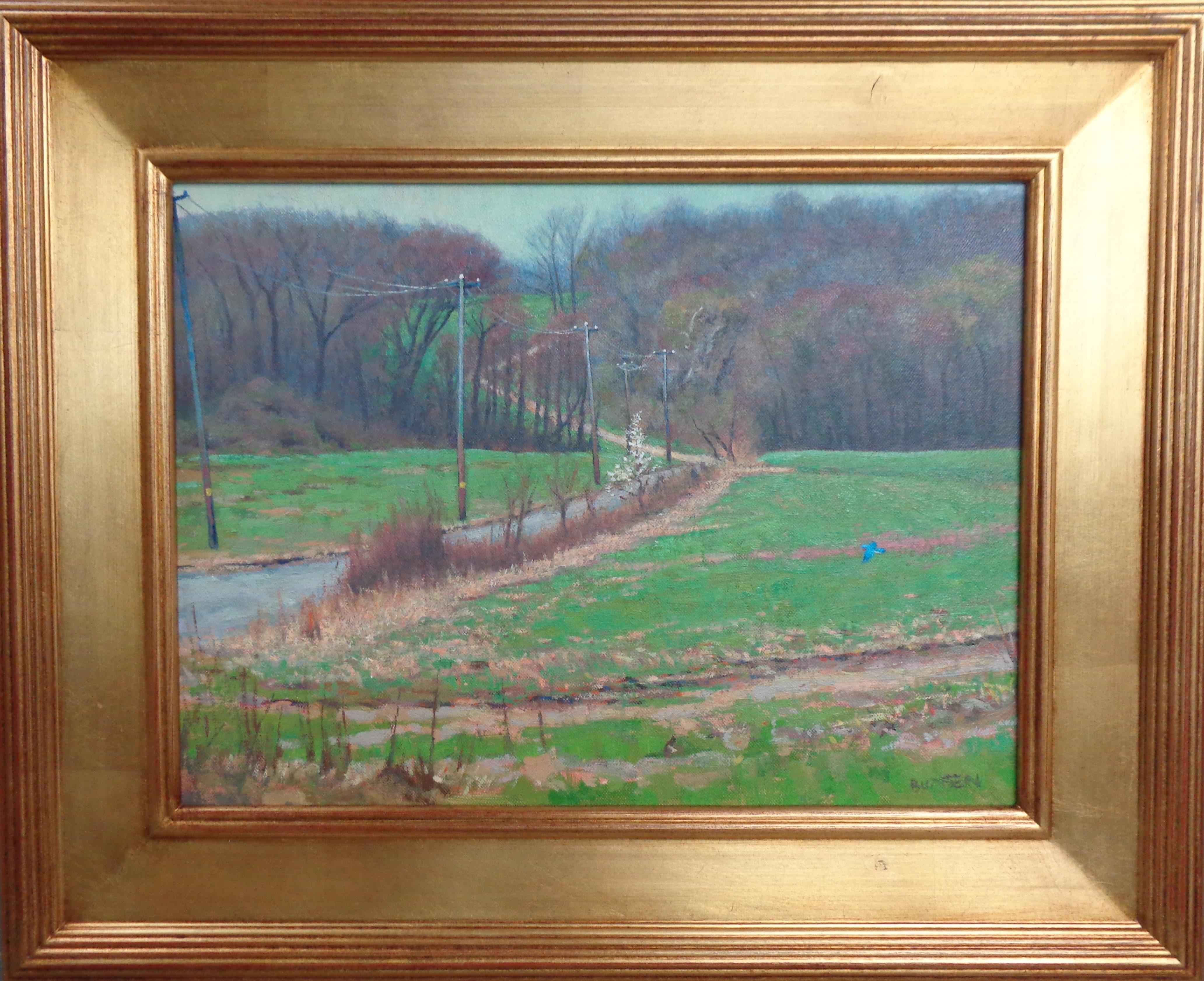 Spring Farm Lane, Blue Bird est une peinture à l'huile de paysage sur panneau de toile qui met en valeur un paysage magnifiquement éclairé.  scène d'un chemin de ferme près de chez moi au début du printemps. Inspirée de mon étude en plein air
