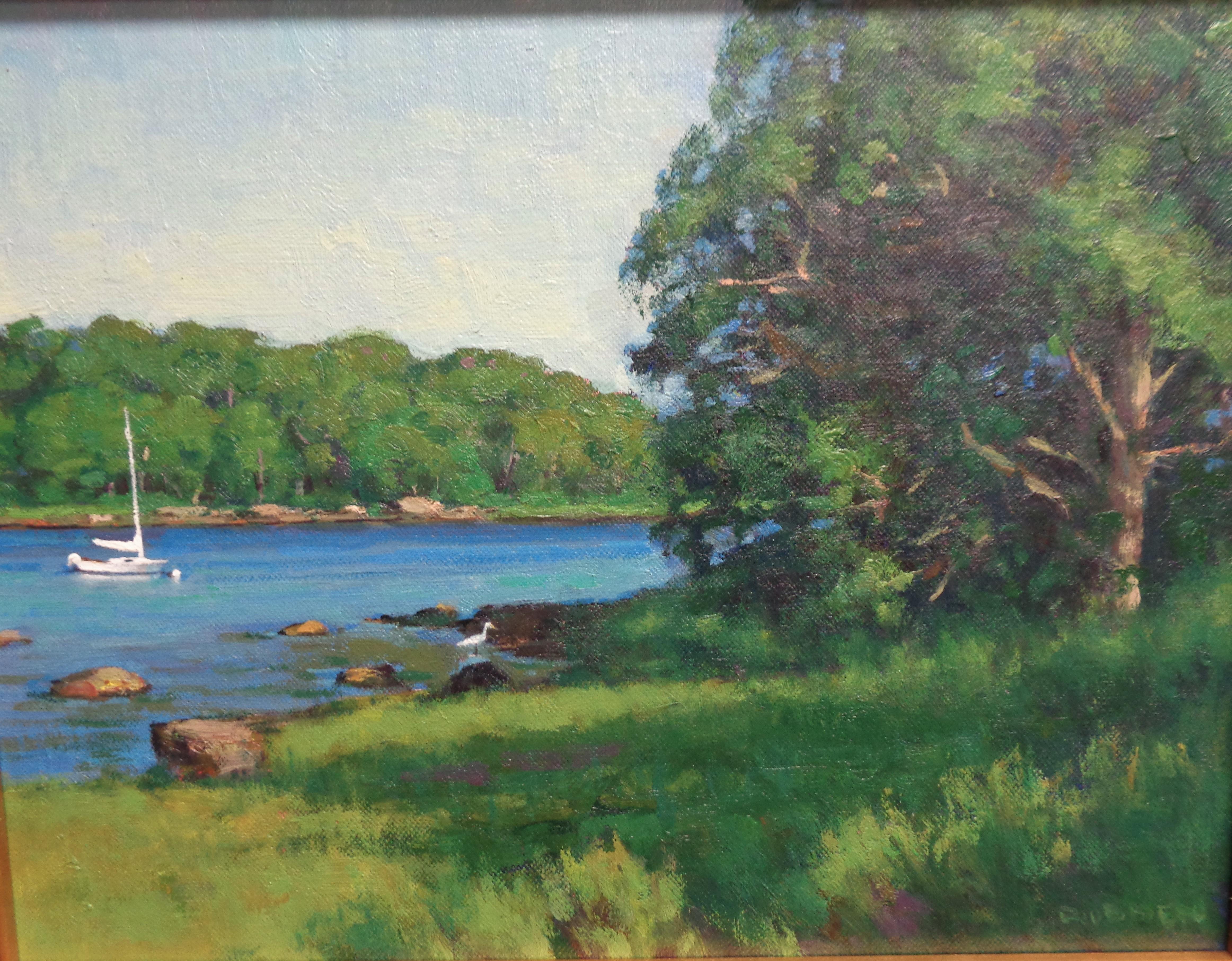  Impressionistic Summer Seascape Boat Painting Michael Budden Hidden Cove  For Sale 1