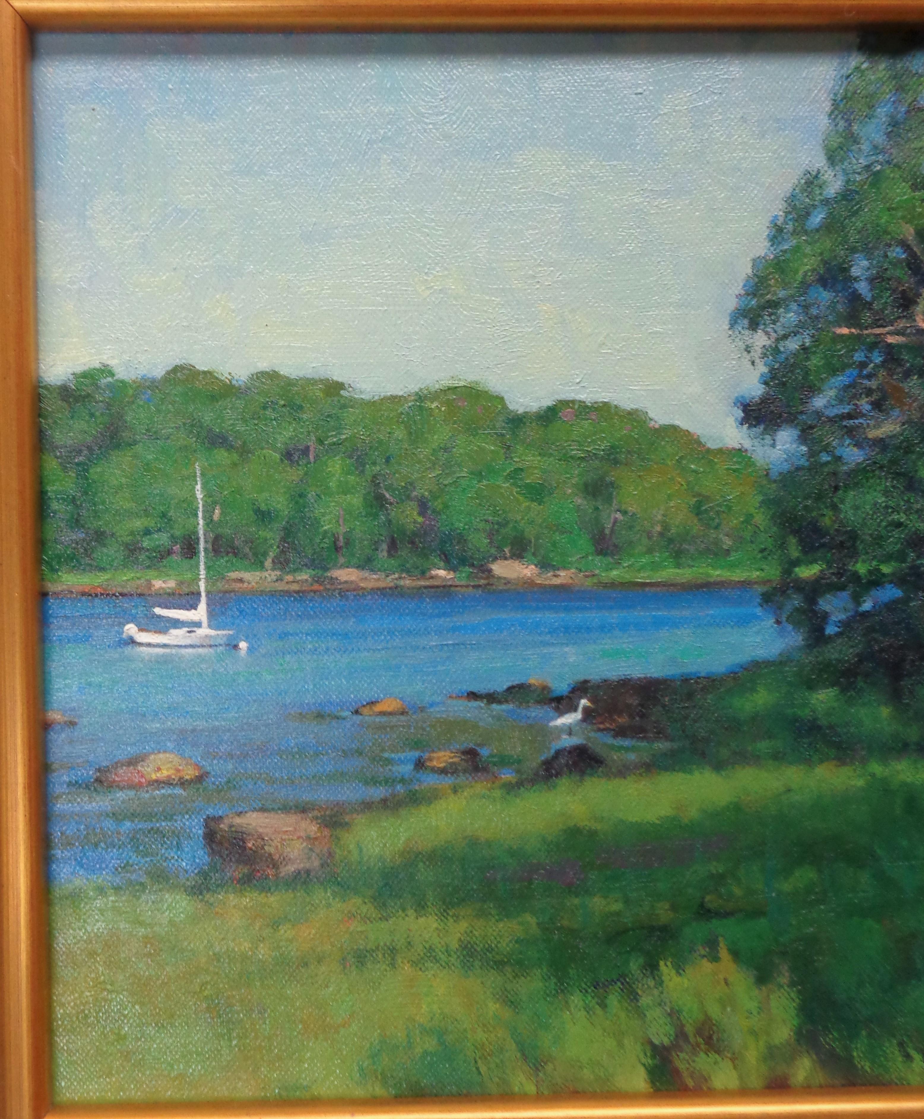  Impressionistic Summer Seascape Boat Painting Michael Budden Hidden Cove  For Sale 2