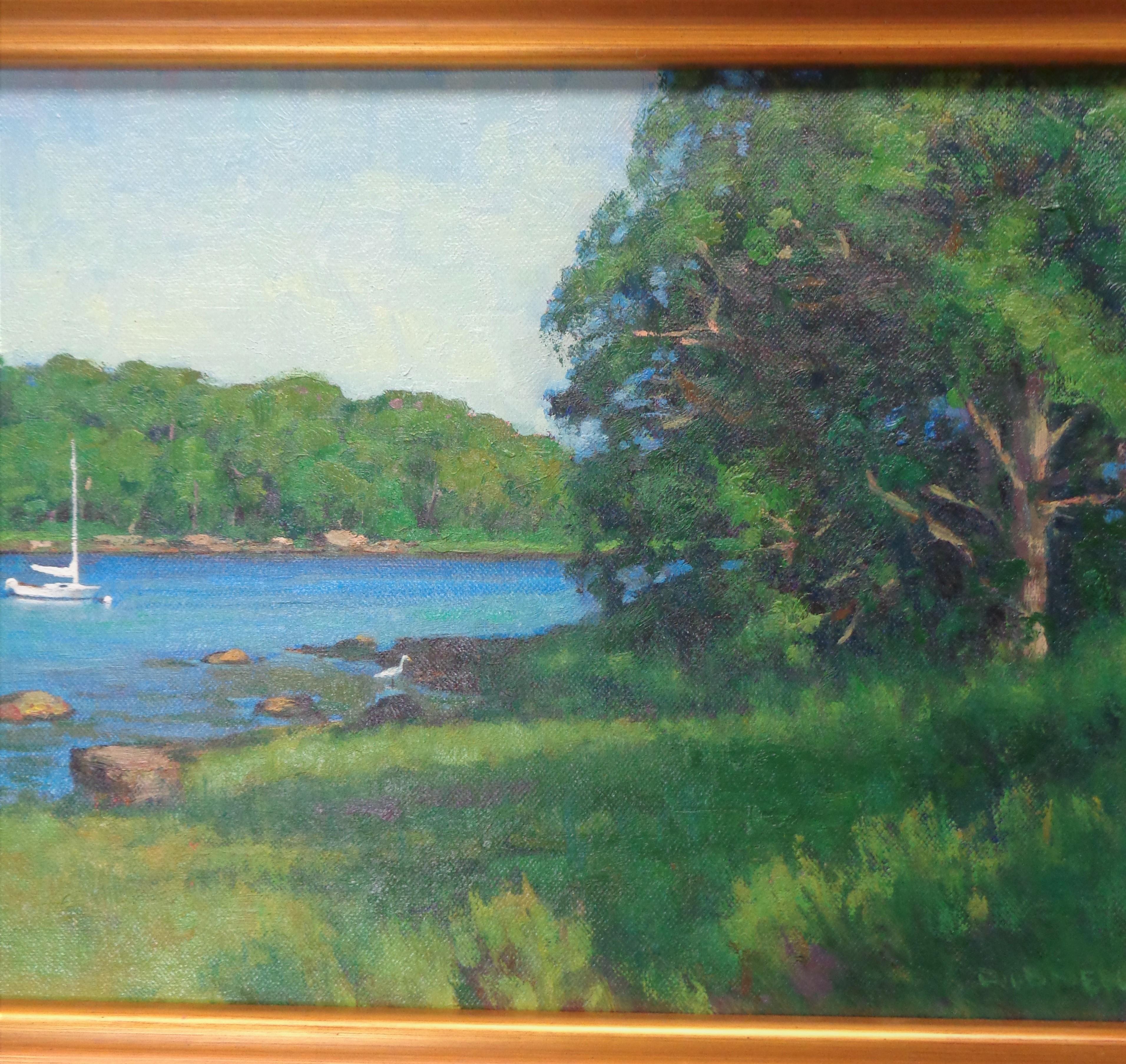  Impressionistic Summer Seascape Boat Painting Michael Budden Hidden Cove  For Sale 3