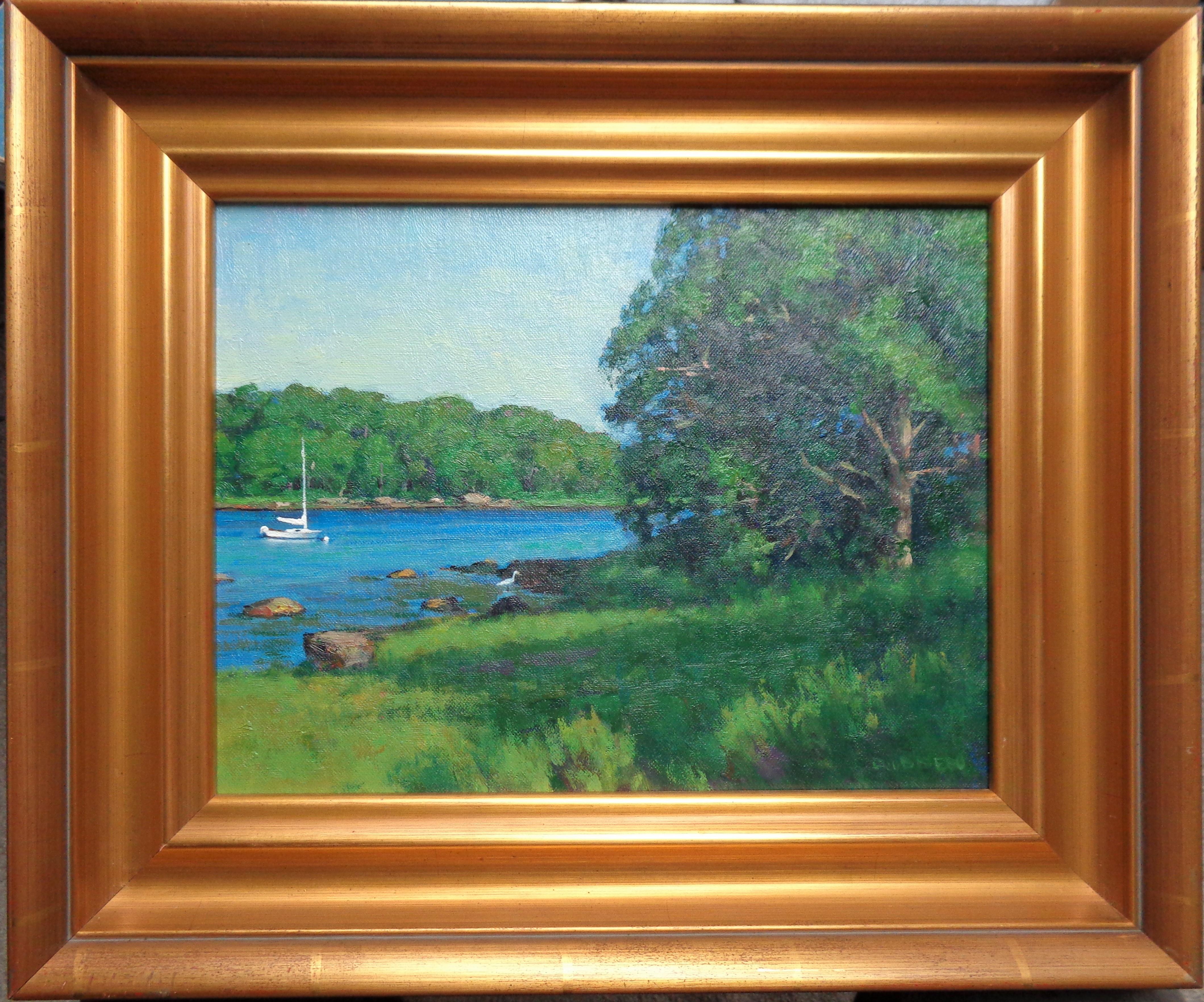 Hidden Cove
oil/panel 10 x 13 image size
 is a beautiful  plein air oil painting on canvas panel by award winning contemporary artist Michael Budden that showcases a lush summer light filled hidden cove painted near Mystic CT. Image is 10 x 13.