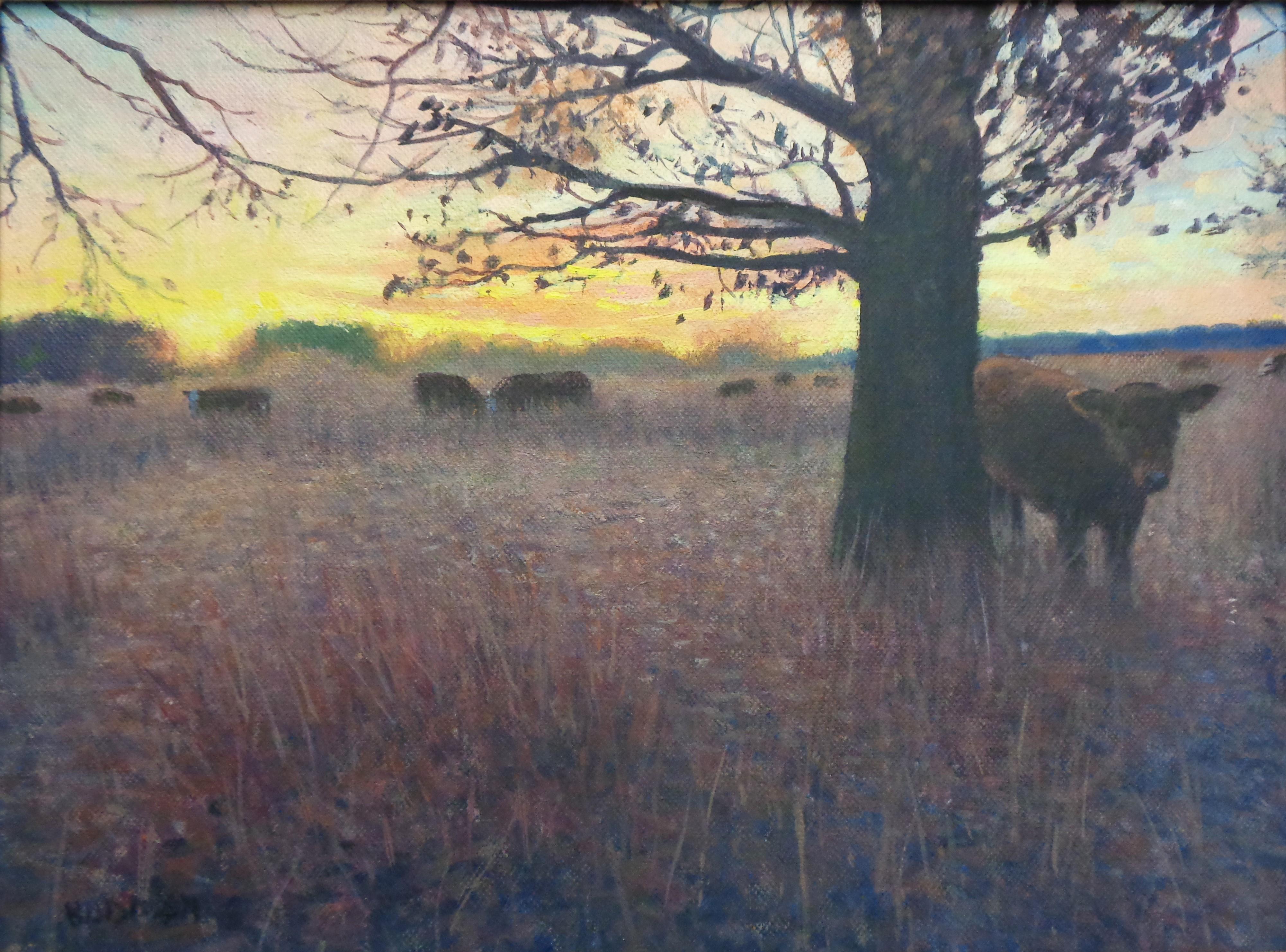 Peinture impressionniste d'un paysage au lever du soleil Michael Budden Matin Pâturage Vaches en vente 1