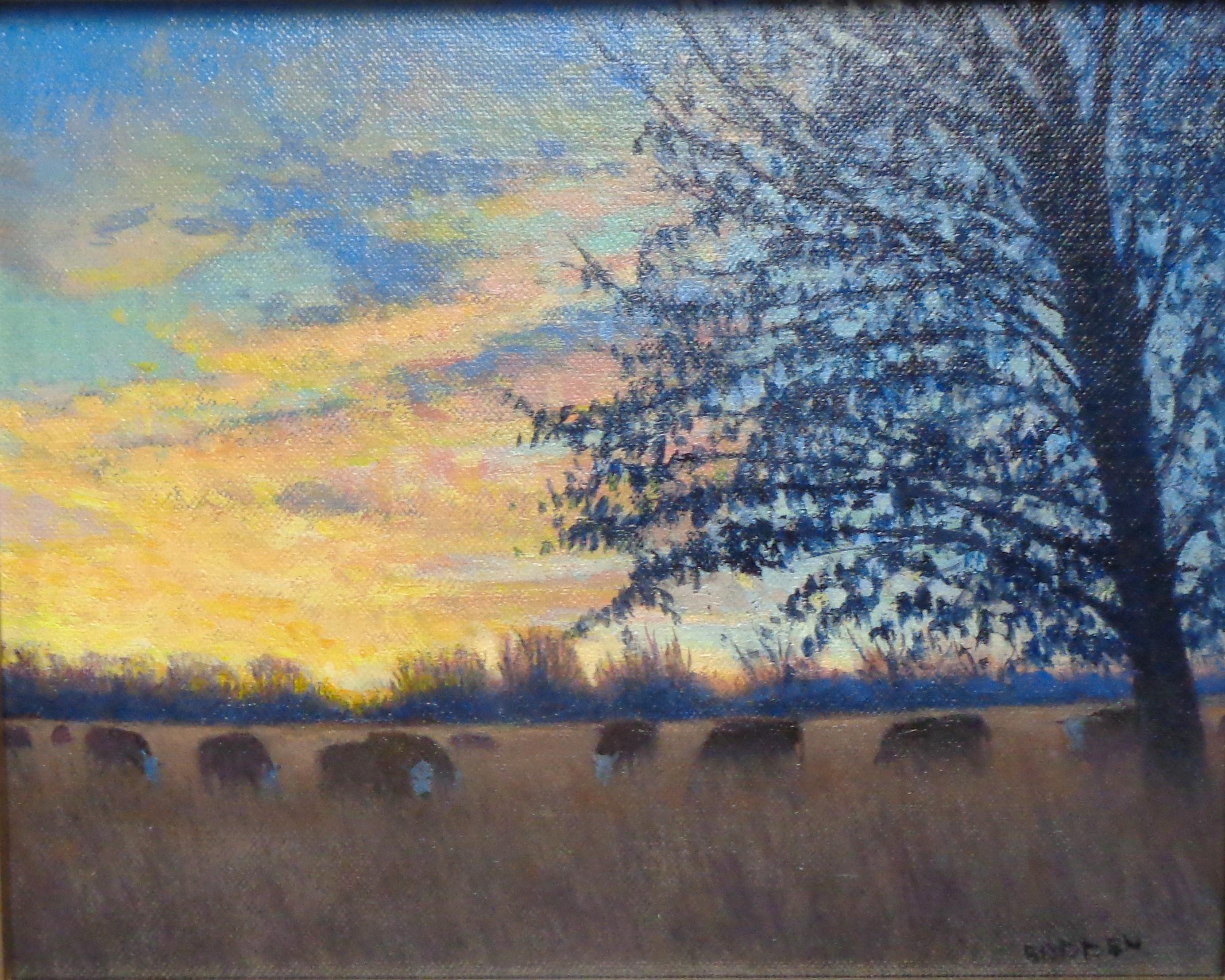 Impressionistische Sonnenaufgang Landschaftsmalerei Michael Budden Morgen Weide Kühe im Angebot 1