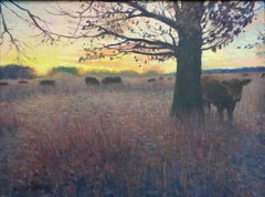 Peinture impressionniste d'un paysage au lever du soleil Michael Budden Matin Pâturage Vaches