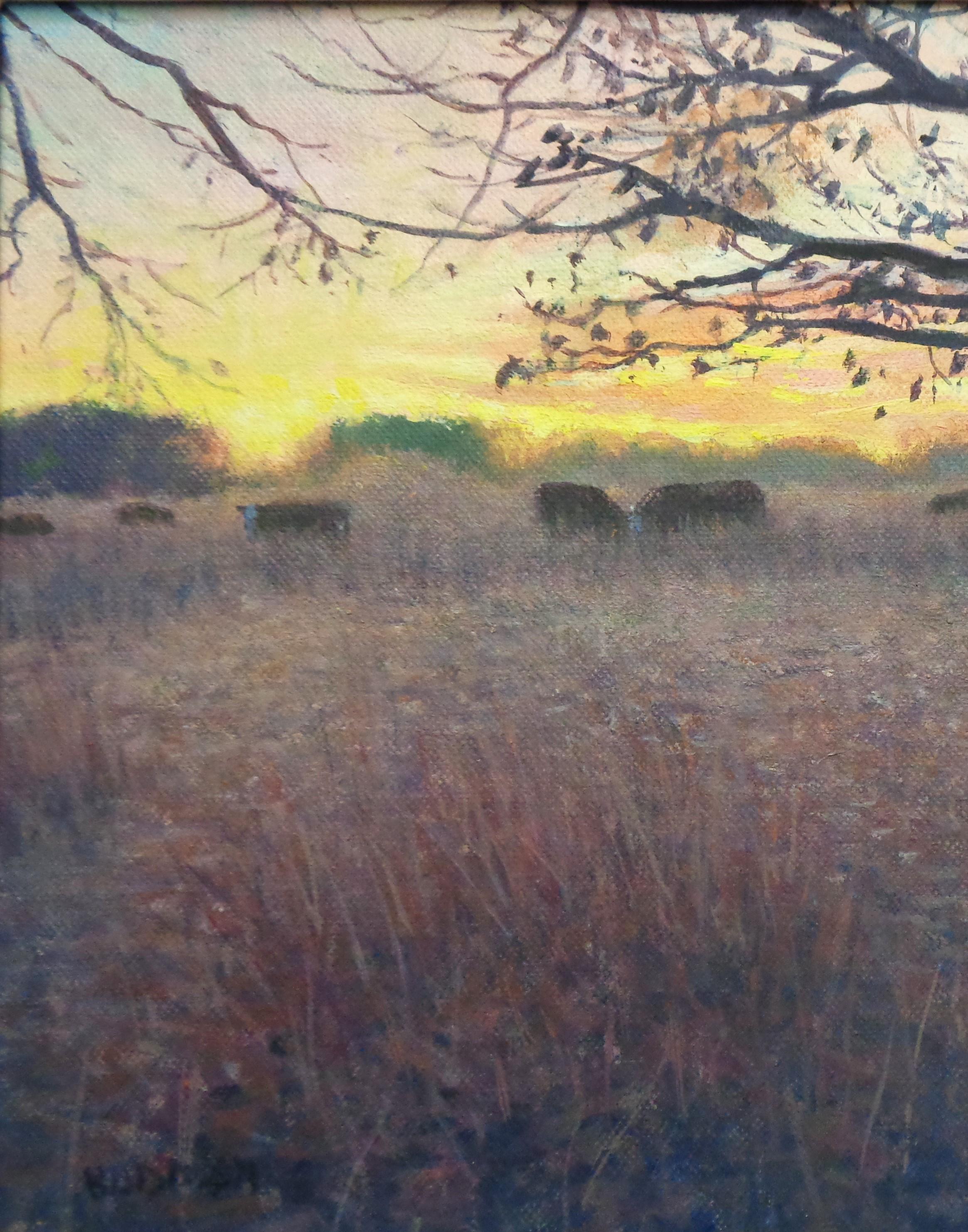 Peinture impressionniste d'un paysage au lever du soleil Michael Budden Matin Pâturage Vaches en vente 2