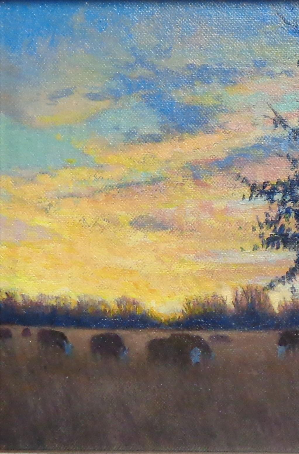 Impressionistische Sonnenaufgang Landschaftsmalerei Michael Budden Morgen Weide Kühe im Angebot 2