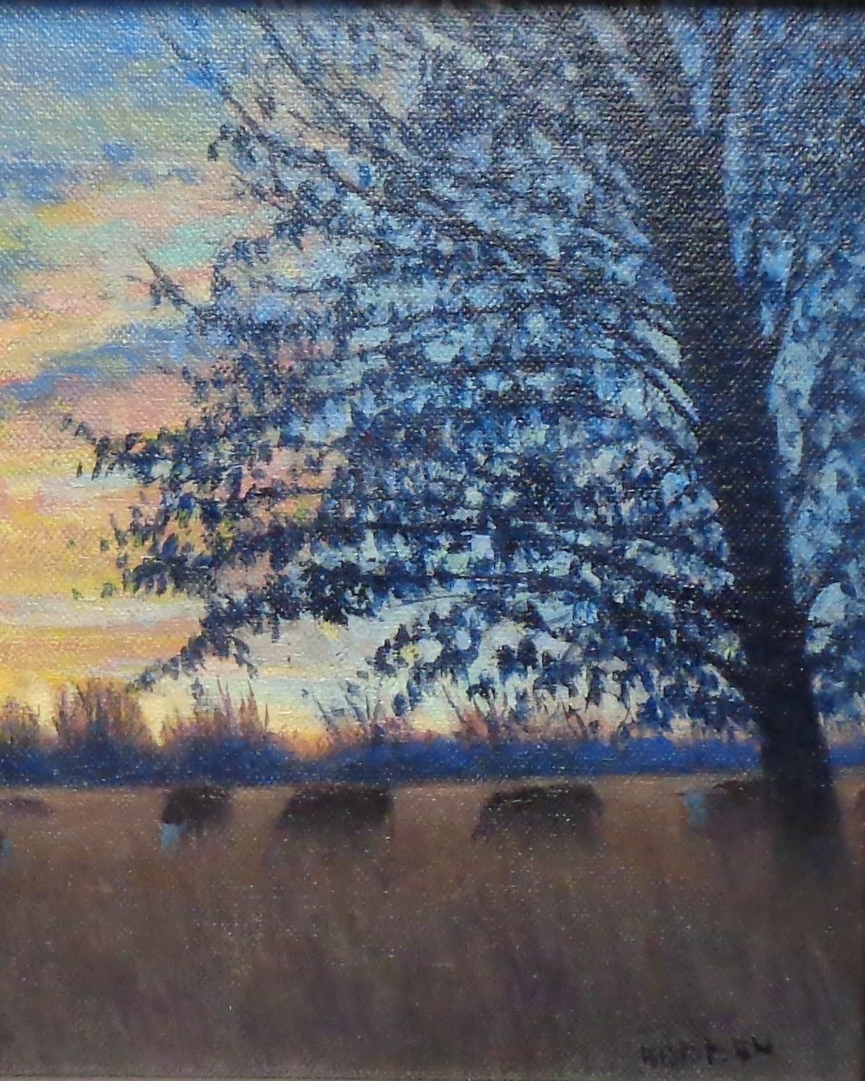 Impressionistische Sonnenaufgang Landschaftsmalerei Michael Budden Morgen Weide Kühe im Angebot 3