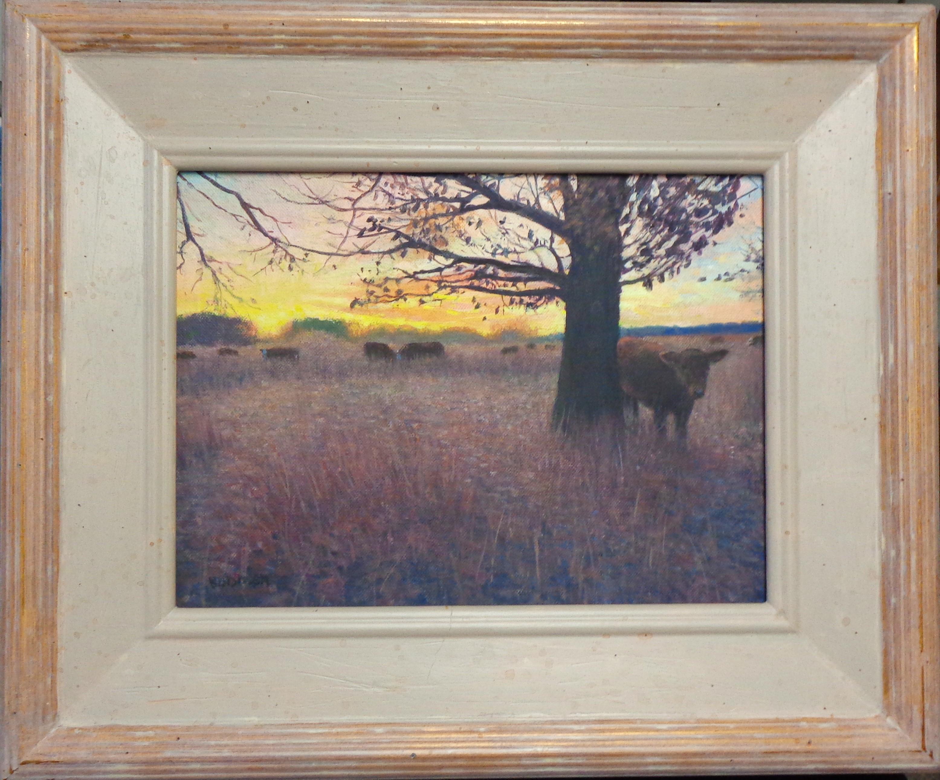 Morning Pasture II, Cows is an oil painting on canvas panel by award winning contemporary artist Michael Budden that showcases a beautiful sunrise view of a meadow housed in an antiqued neutral frame.  This painting is new and the image measures 9 x