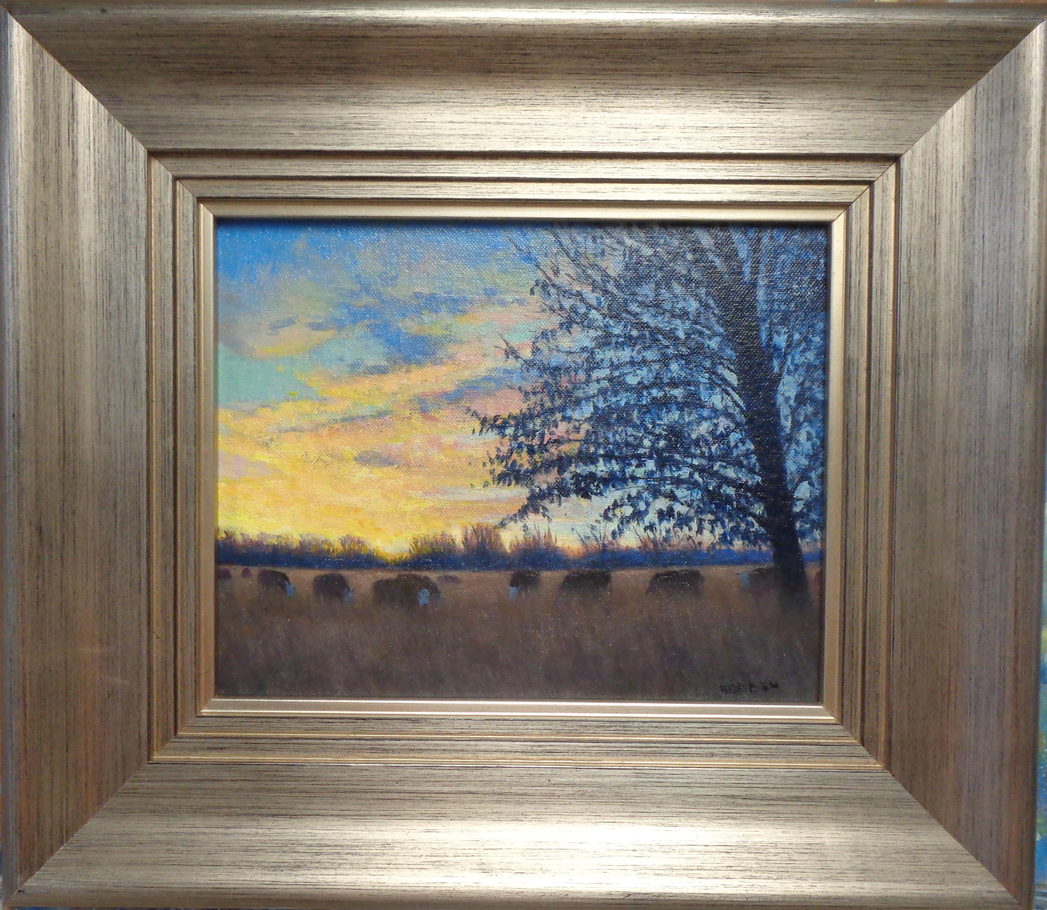 Pastos matinales I, vacas es una pintura al óleo sobre panel de lienzo del galardonado artista contemporáneo Michael Budden que muestra una hermosa vista veraniega de un prado con un grupo de vacas y sus crías.  Este cuadro es nuevo y la imagen mide