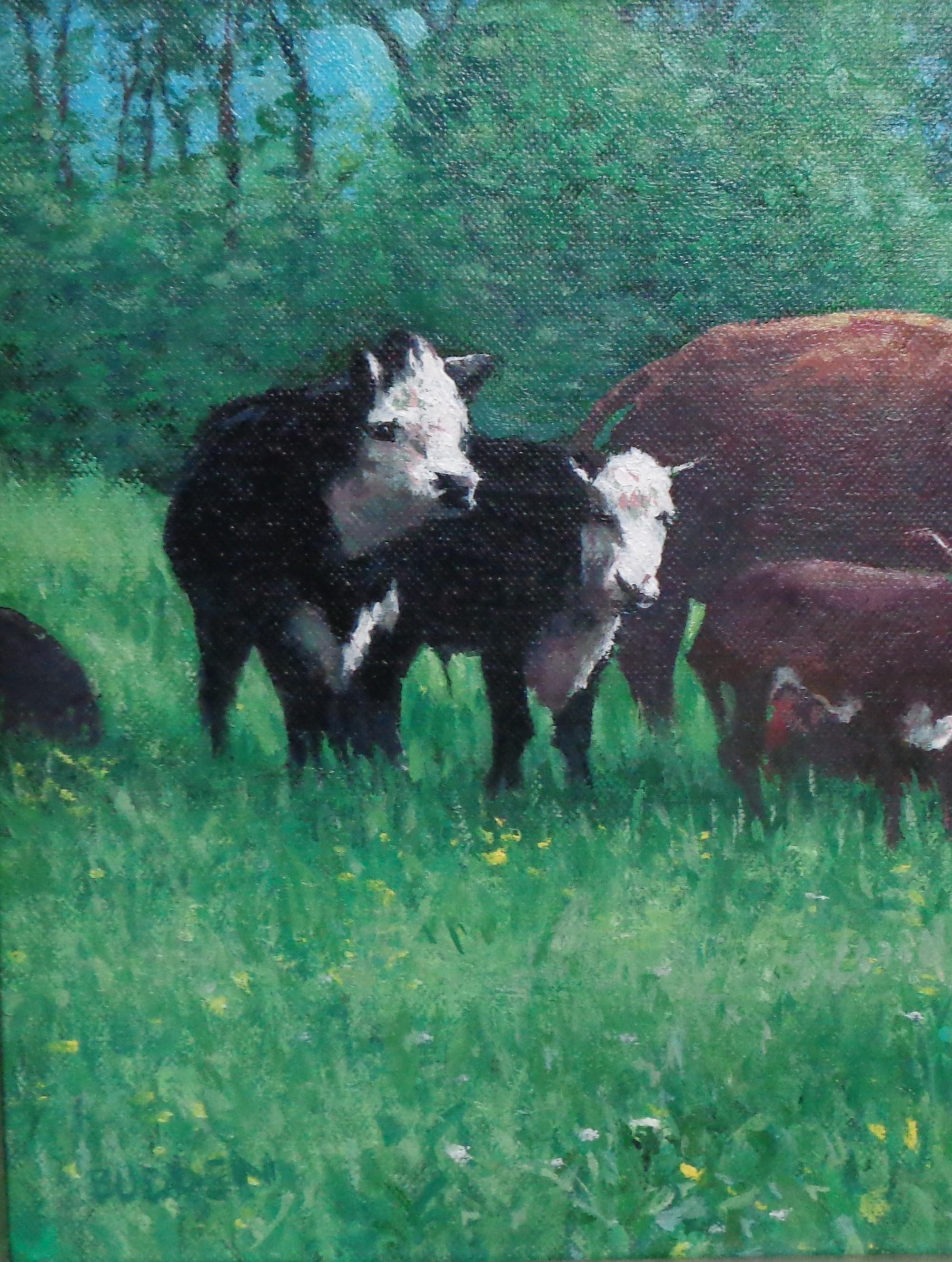 Impressionistische Sonnenaufgang Landschaftsmalerei Michael Budden Sommerweide Kühe im Angebot 2