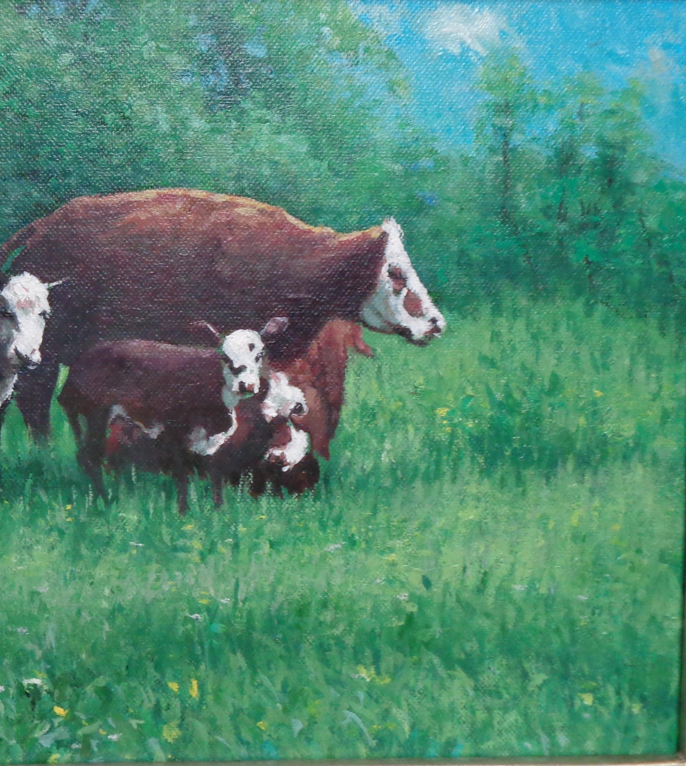 Impressionistische Sonnenaufgang Landschaftsmalerei Michael Budden Sommerweide Kühe im Angebot 3