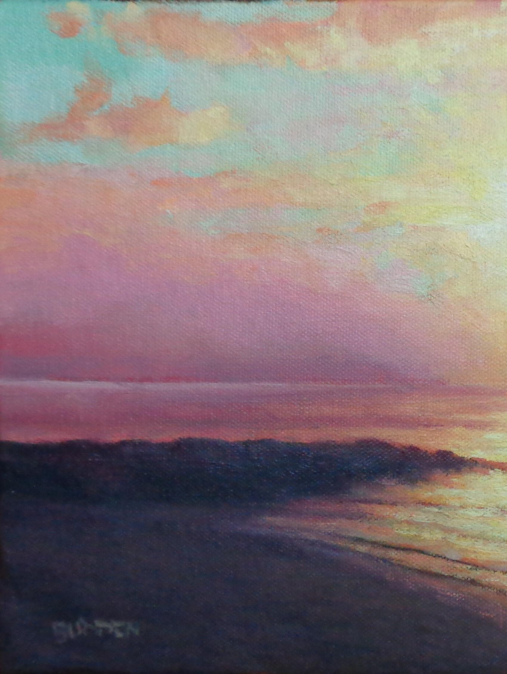 Pittura ad olio impressionista di Michael Budden con paesaggio marino all'alba in vendita 1