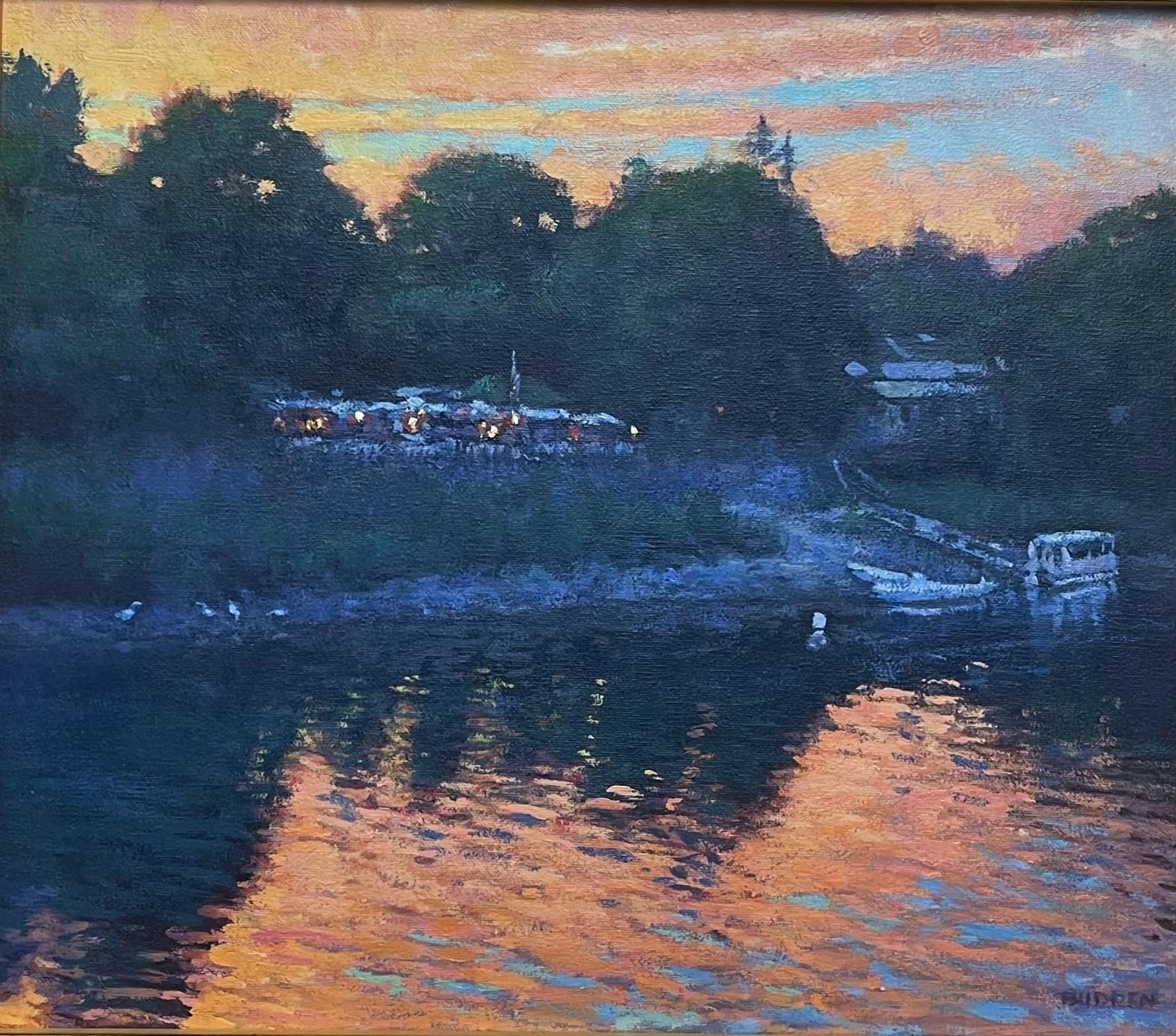Pintura impresionista de paisaje fluvial al atardecer Michael Budden Bucks County en venta 1
