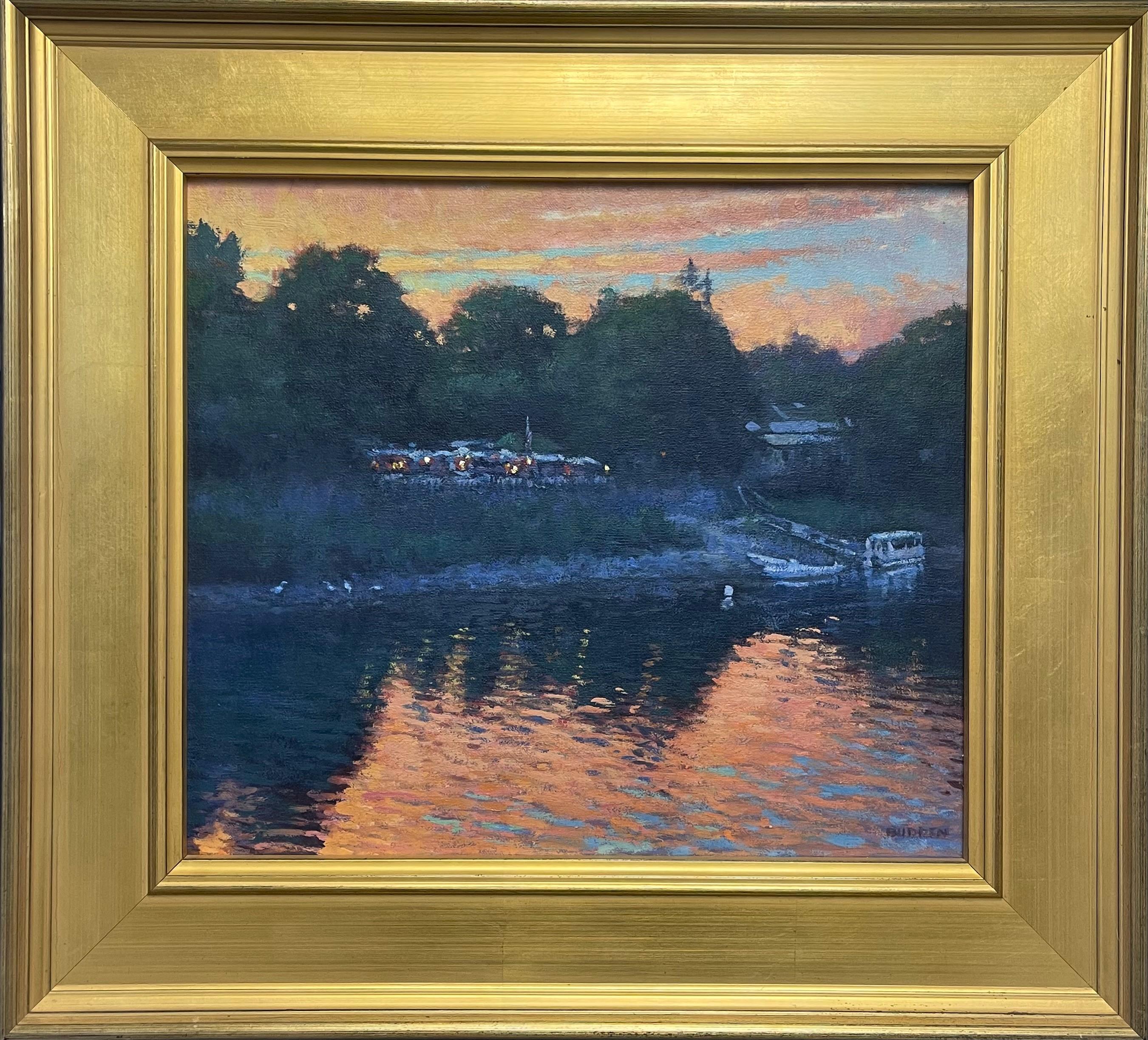 Tarde en el río, Restaurante The Landing
óleo/lienzo
14 x 16 sin enmarcar, 20 x 22 enmarcada
Atardecer en el río es un óleo de paisaje de realismo impresionista que muestra una hermosa puesta de sol en el río Delaware, en la zona de New Hope /
