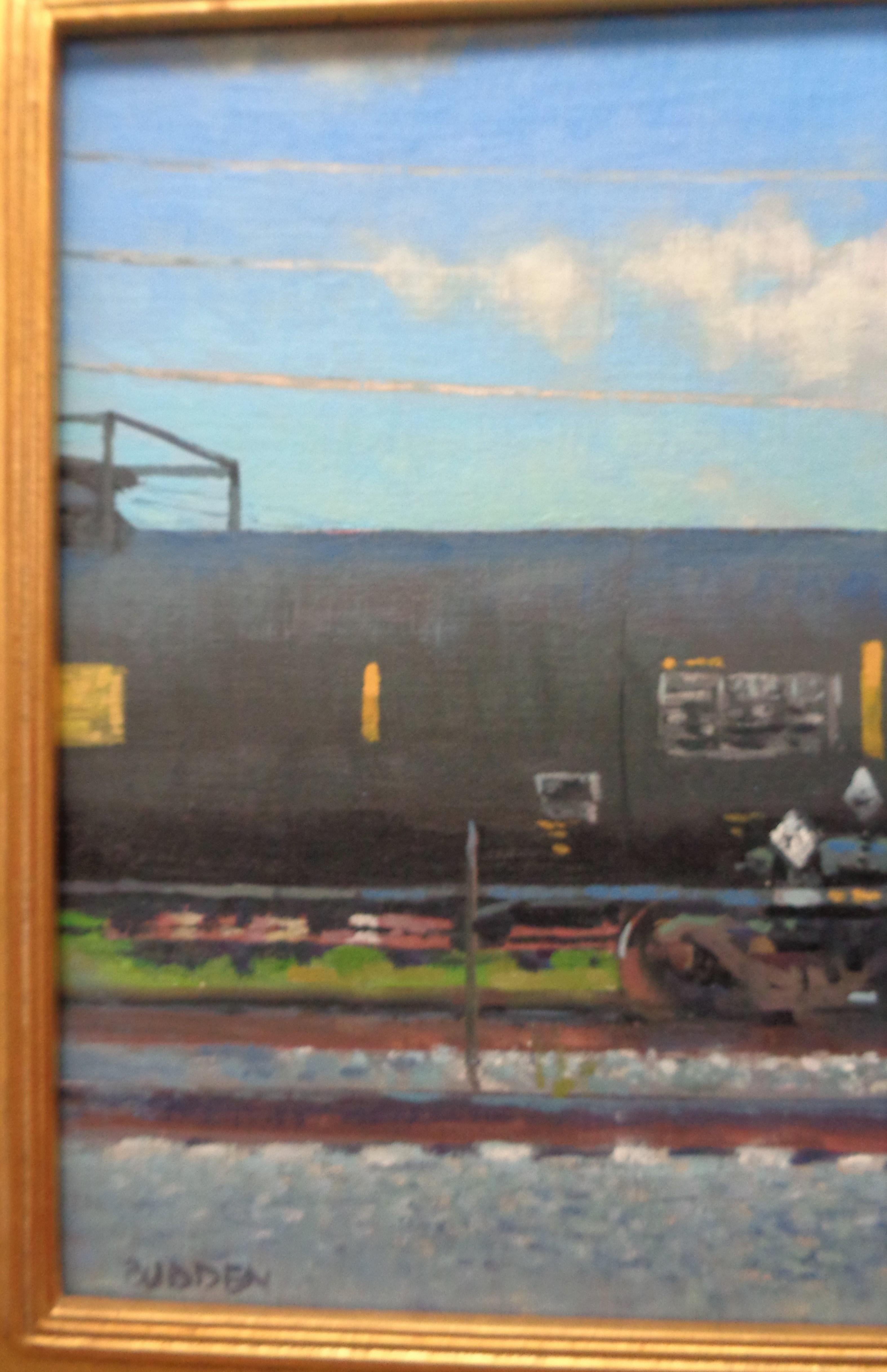 Clouds & Cars is an impressionistic landscape plein air oil painting on canvas panel that showcases a beautiful early summer scene featuring  a train that ran near my first home I owned. This painting exudes the rich qualities of oil paint with