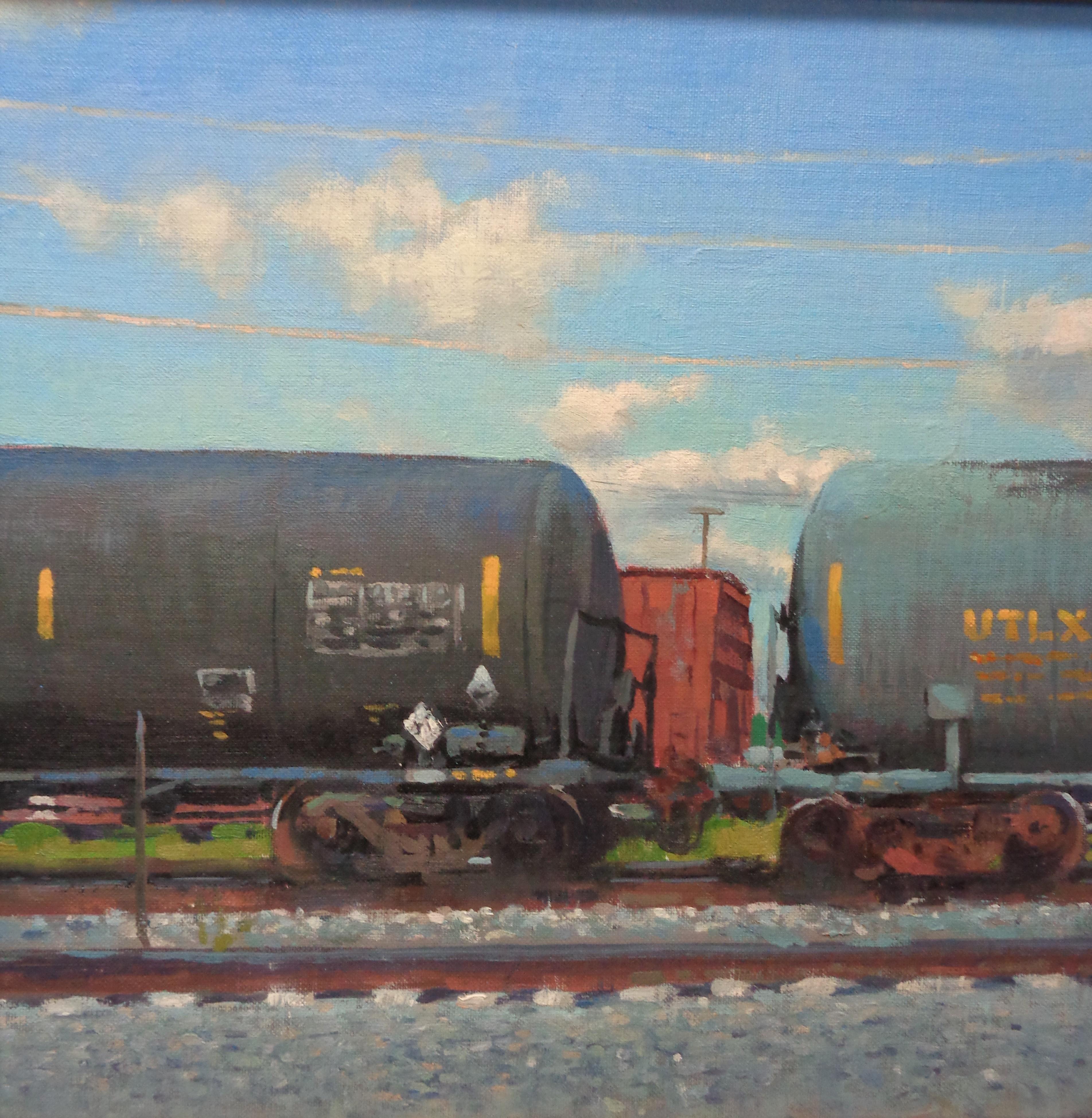  Impressionistic Train Landscape Oil Painting Michael Budden Clouds & Cars For Sale 1