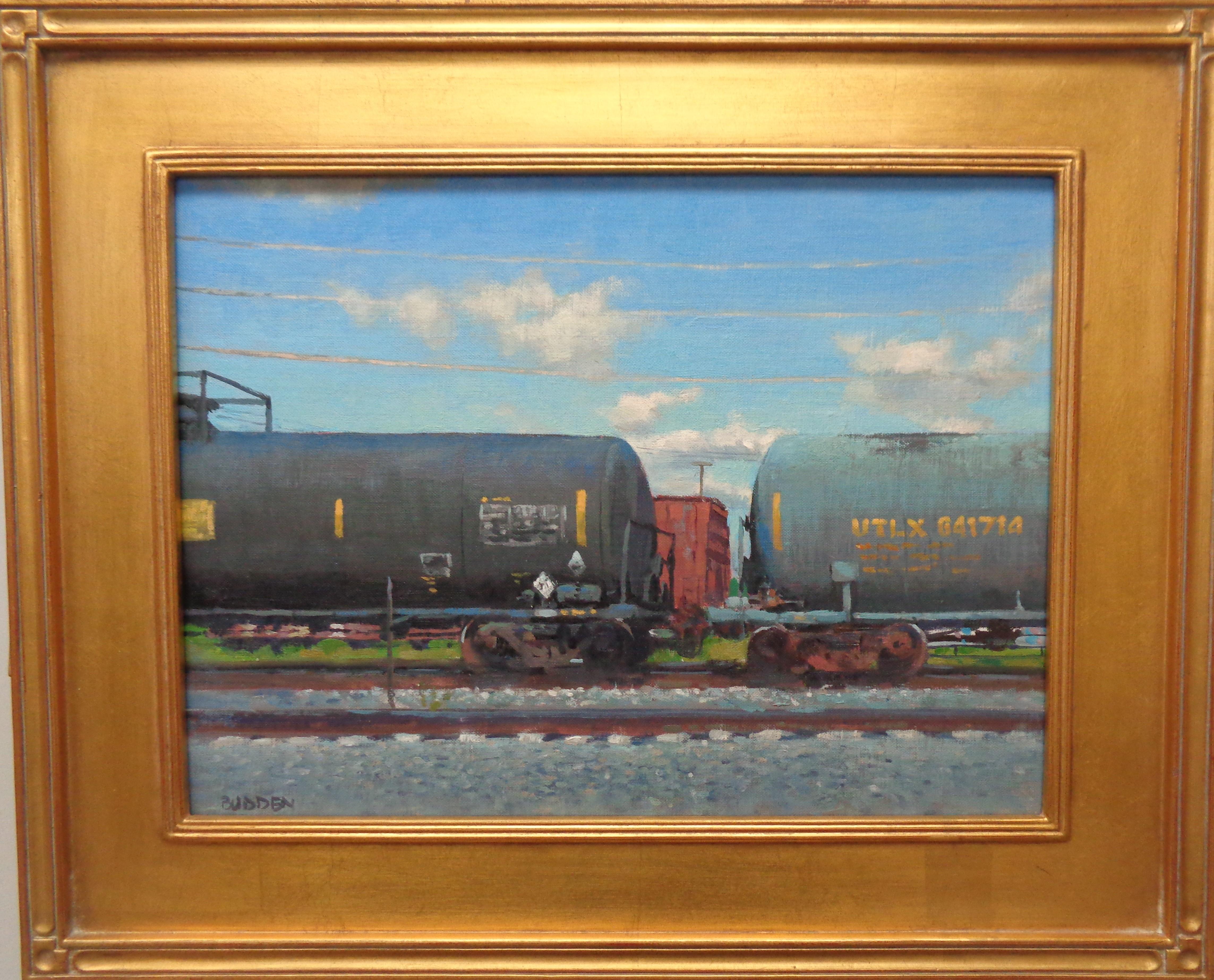  Impressionistic Train Landscape Oil Painting Michael Budden Clouds & Cars For Sale 2