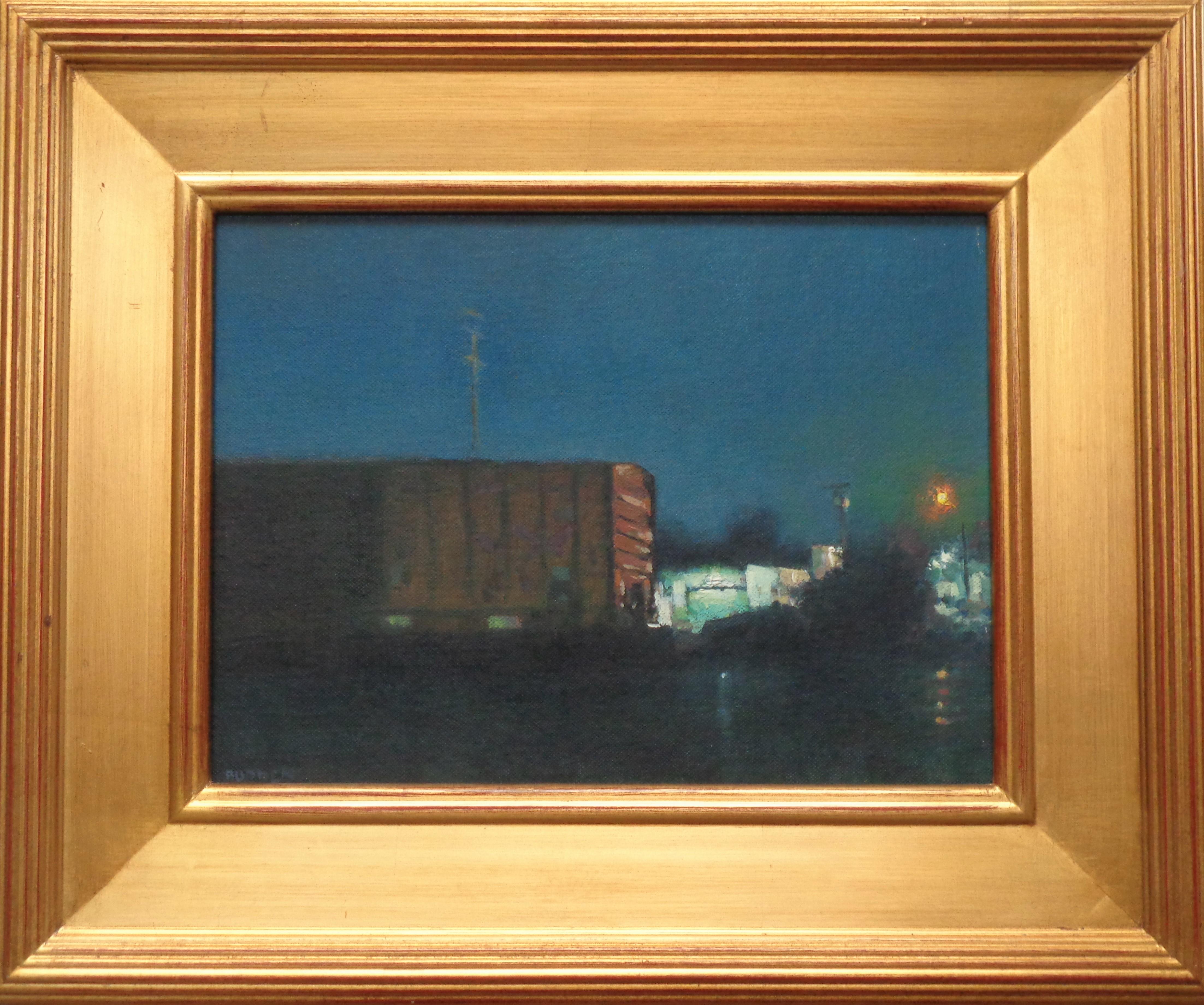 Evening Boxcar, one of three train paintings listed, is an impressionistic landscape plein air oil painting on canvas panel that showcases a beautiful early summer scene featuring  a train that ran near my first home I owned. This painting exudes