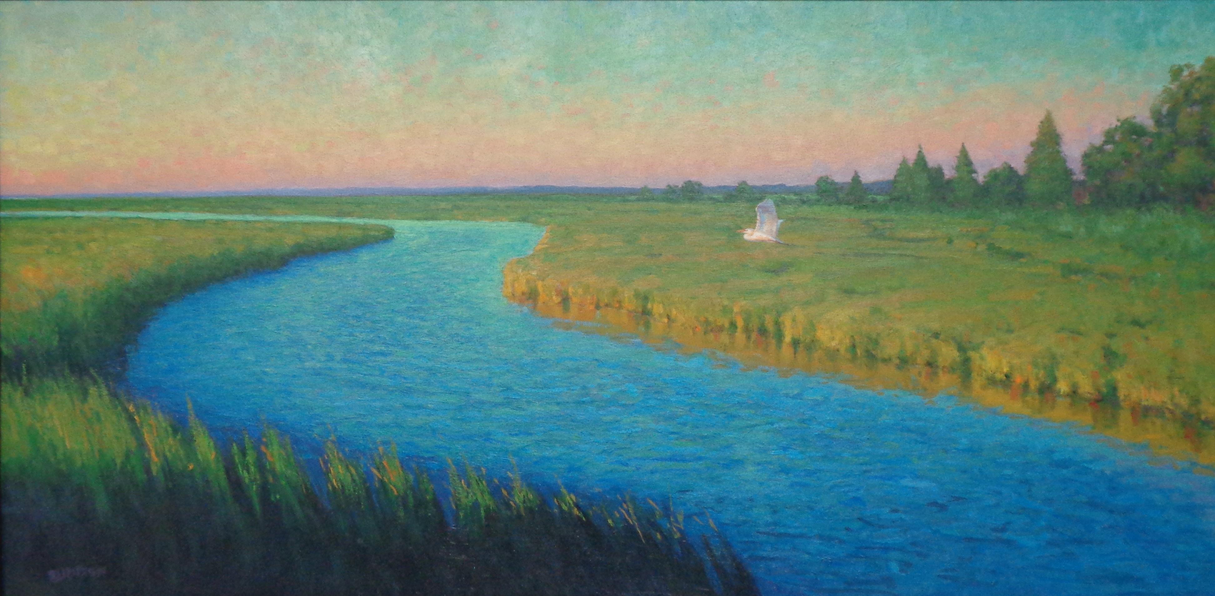 Impressionistic Painting Michael Budden Evening Retreat Egret Marsh Coastal For Sale 1