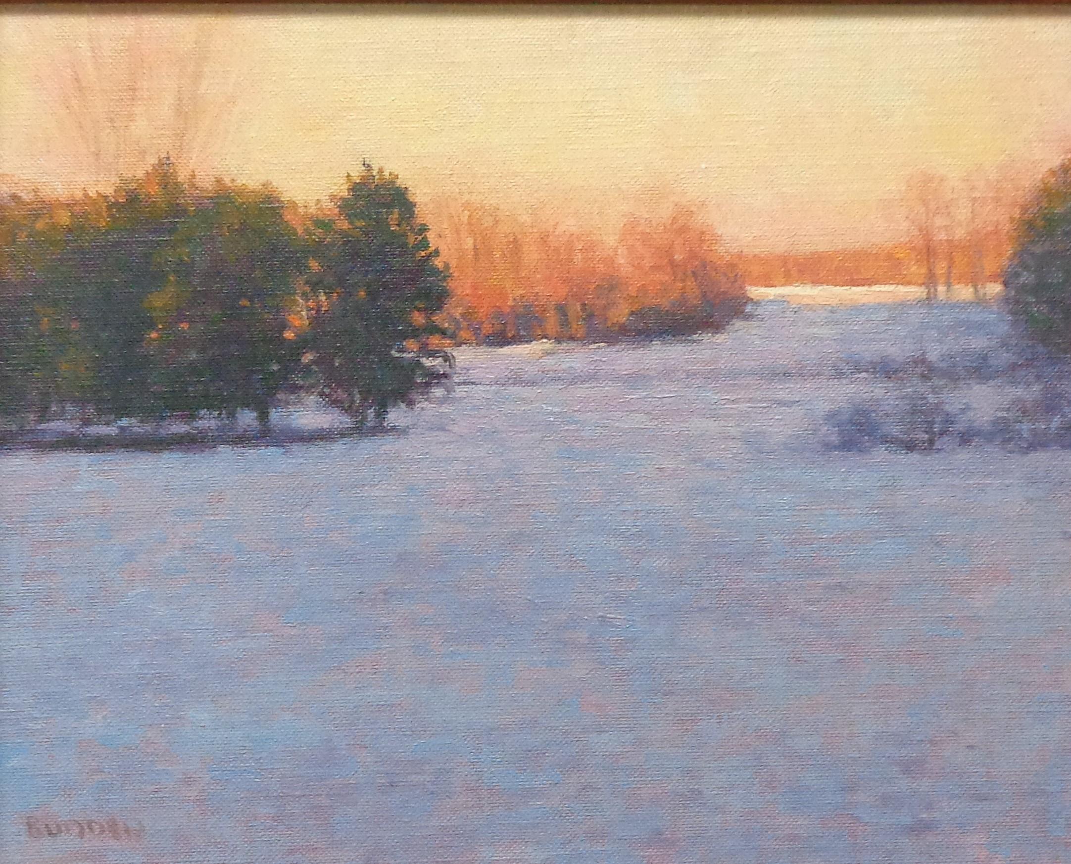 Pintura al óleo impresionista de paisaje invernal nevado Michael Budden Luz de tarde en venta 1