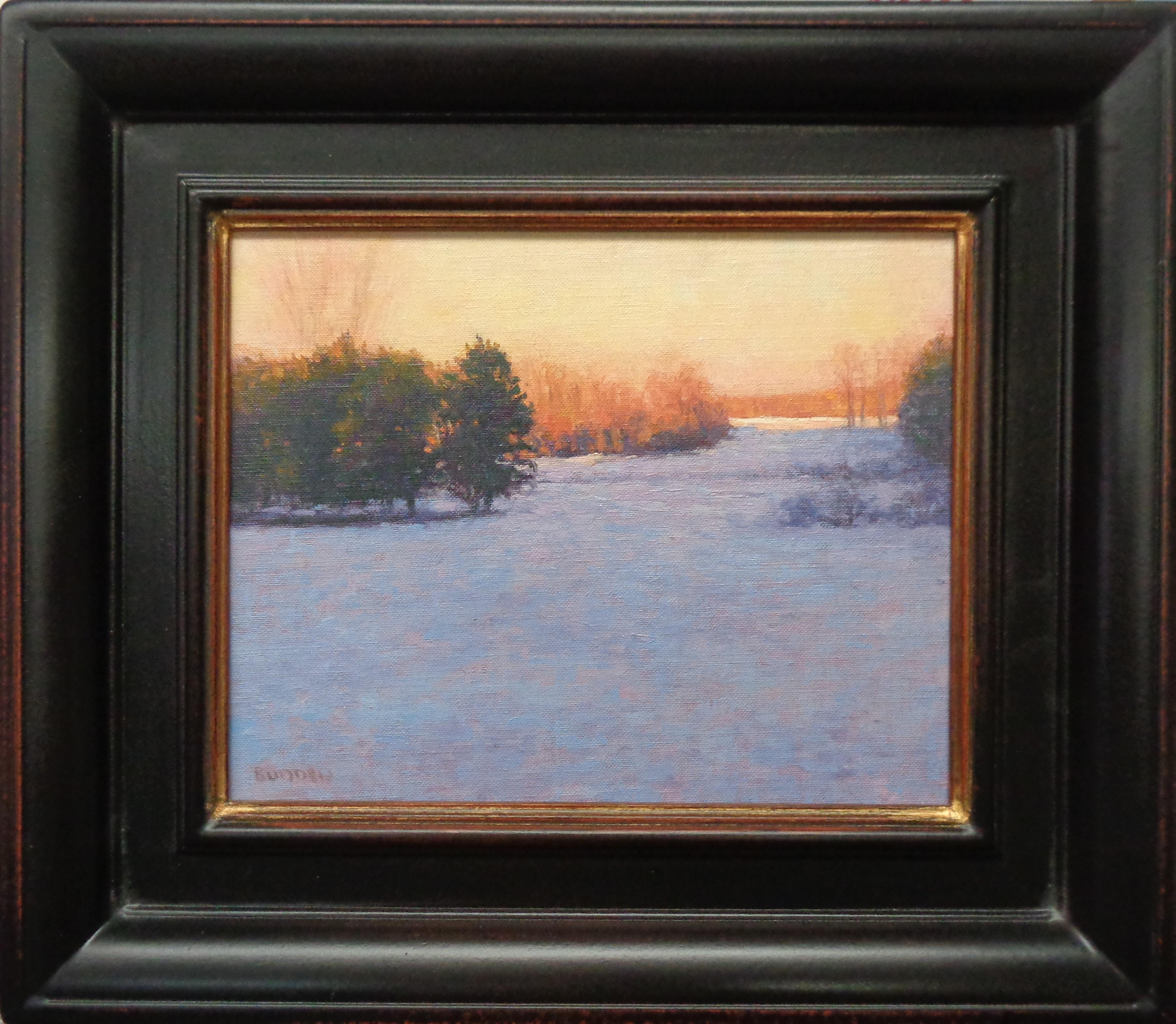 Evening Light is a beautiful impressionistic winter landscape snow scene that I did out the back of my studio. The painting is on a canvas panel and exudes the rich qualities of oil paint with bright strong color, a variety of lost and found edges,
