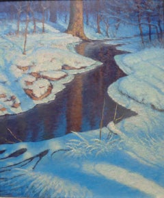 Impresionista Invierno Nieve Paisaje Pintura al óleo Michael Budden Luz de luna