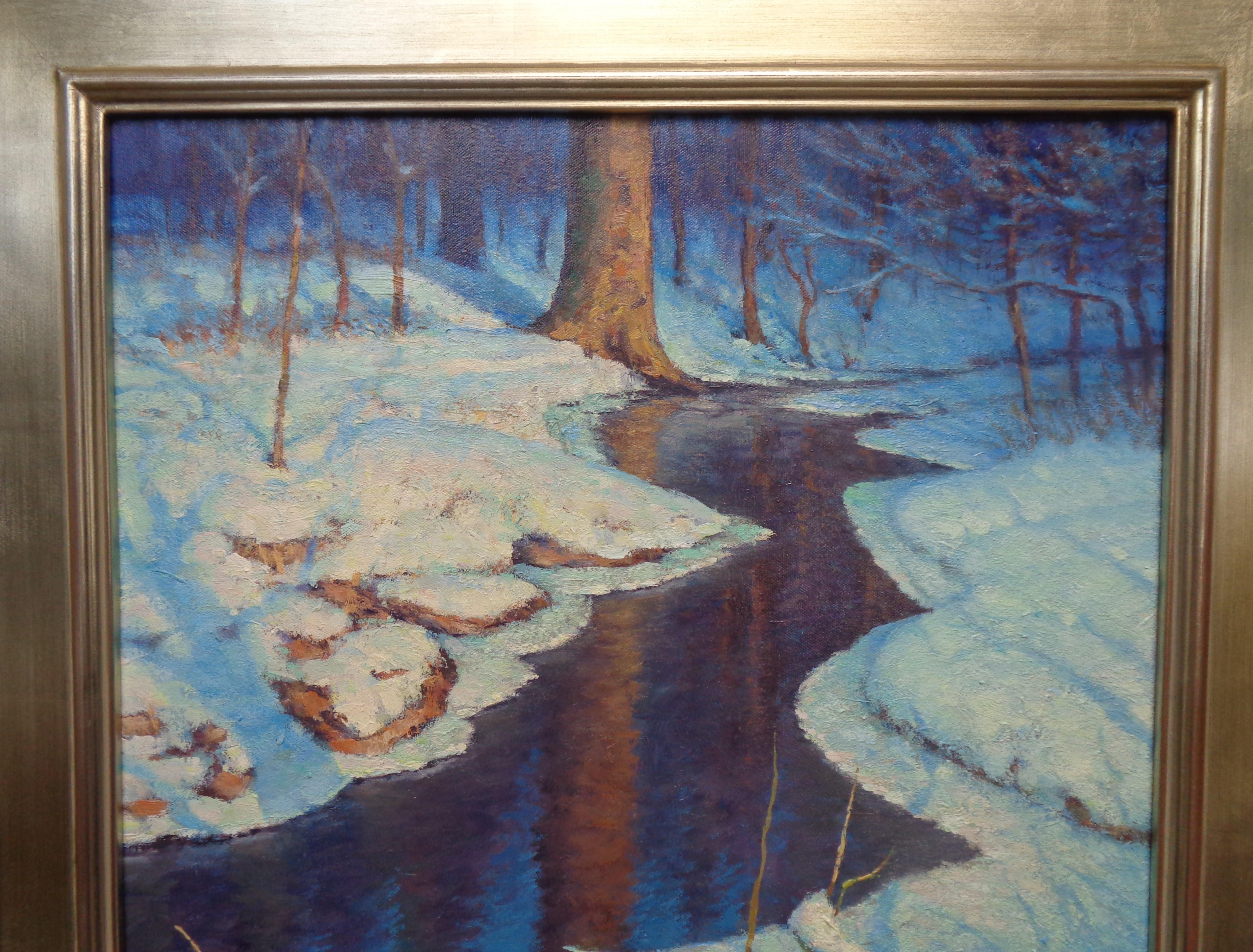 Impresionista Invierno Nieve Paisaje Pintura al óleo Michael Budden Luz de luna en venta 2