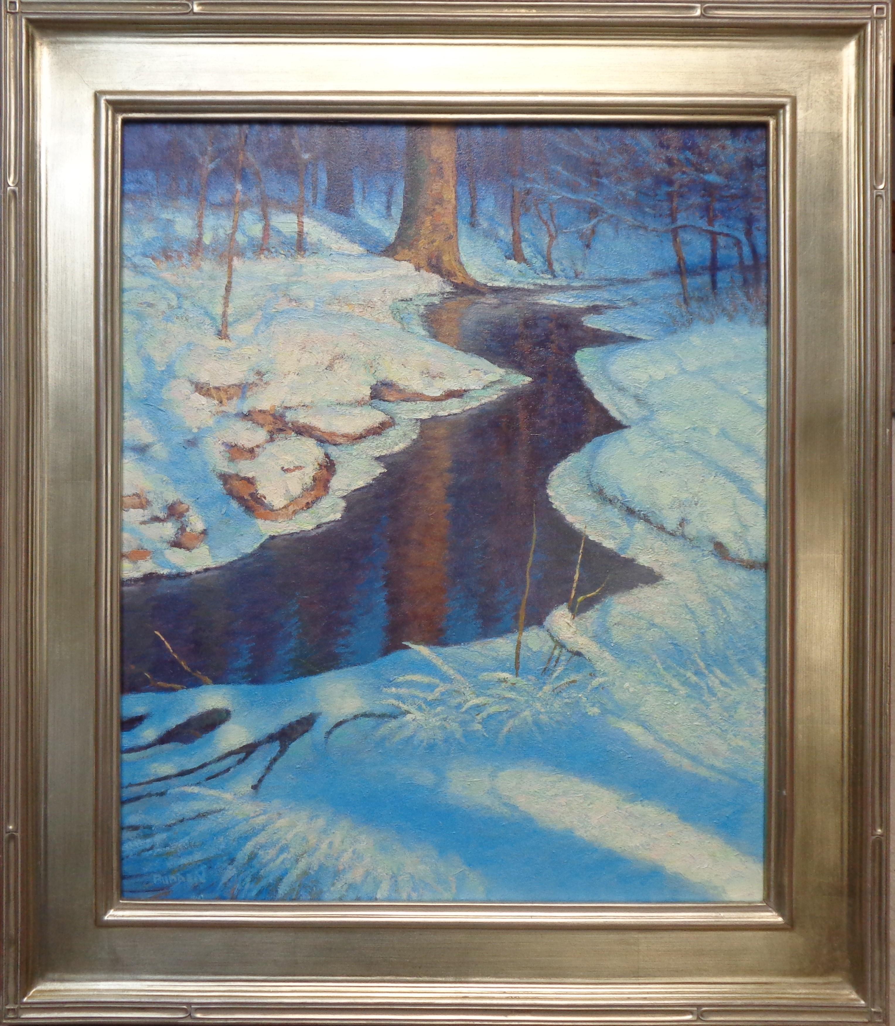 Sombras a la luz de la luna
óleo/lienzo
20 x 24 sin enmarcar, 26,38 x 30,50 enmarcada
Sombras a la luz de la luna es una hermosa escena nocturna impresionista de paisaje nevado que muestra un sinuoso arroyo invernal a través del bosque. El cuadro