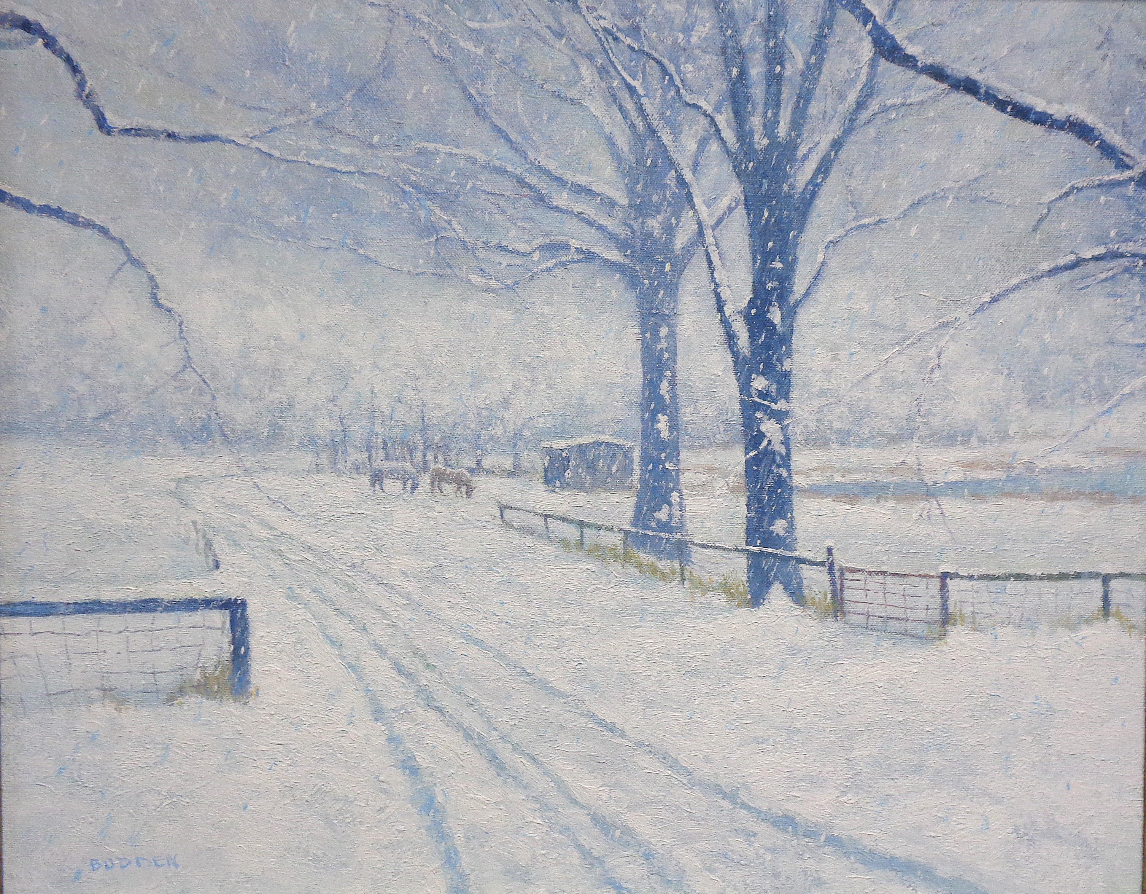 Impressionista Paesaggio invernale di neve Pittura a olio Michael Budden Cavalli d'inverno in vendita 1