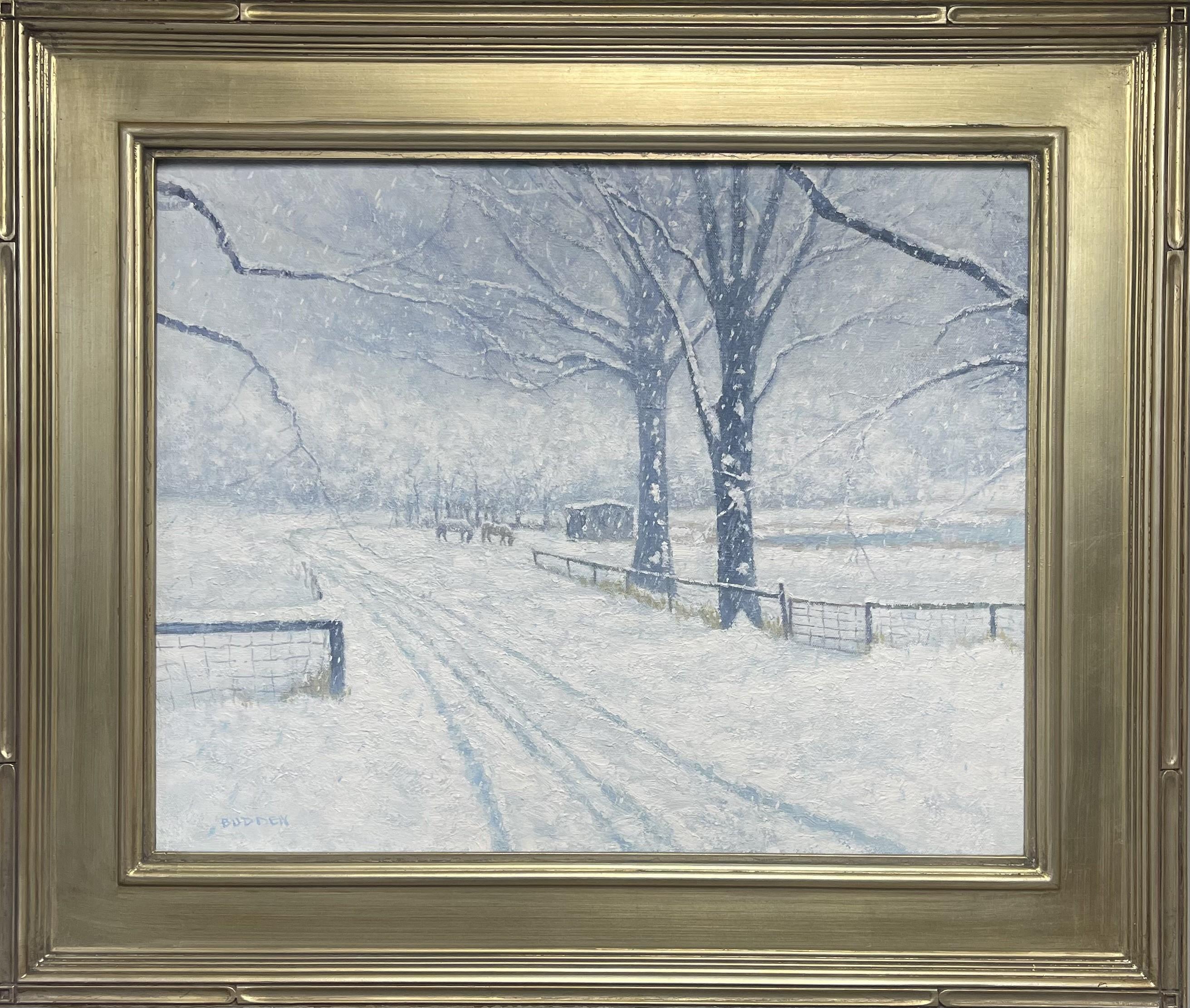 A. Winter Mist
olio/tela
16x20 senza cornice, 22,38 x 26,38 con cornice
Winter Mist è un bellissimo paesaggio impressionistico che mostra un'idilliaca scena di neve invernale con cavalli in una fattoria vicino al mio studio. Il dipinto è su tela ed