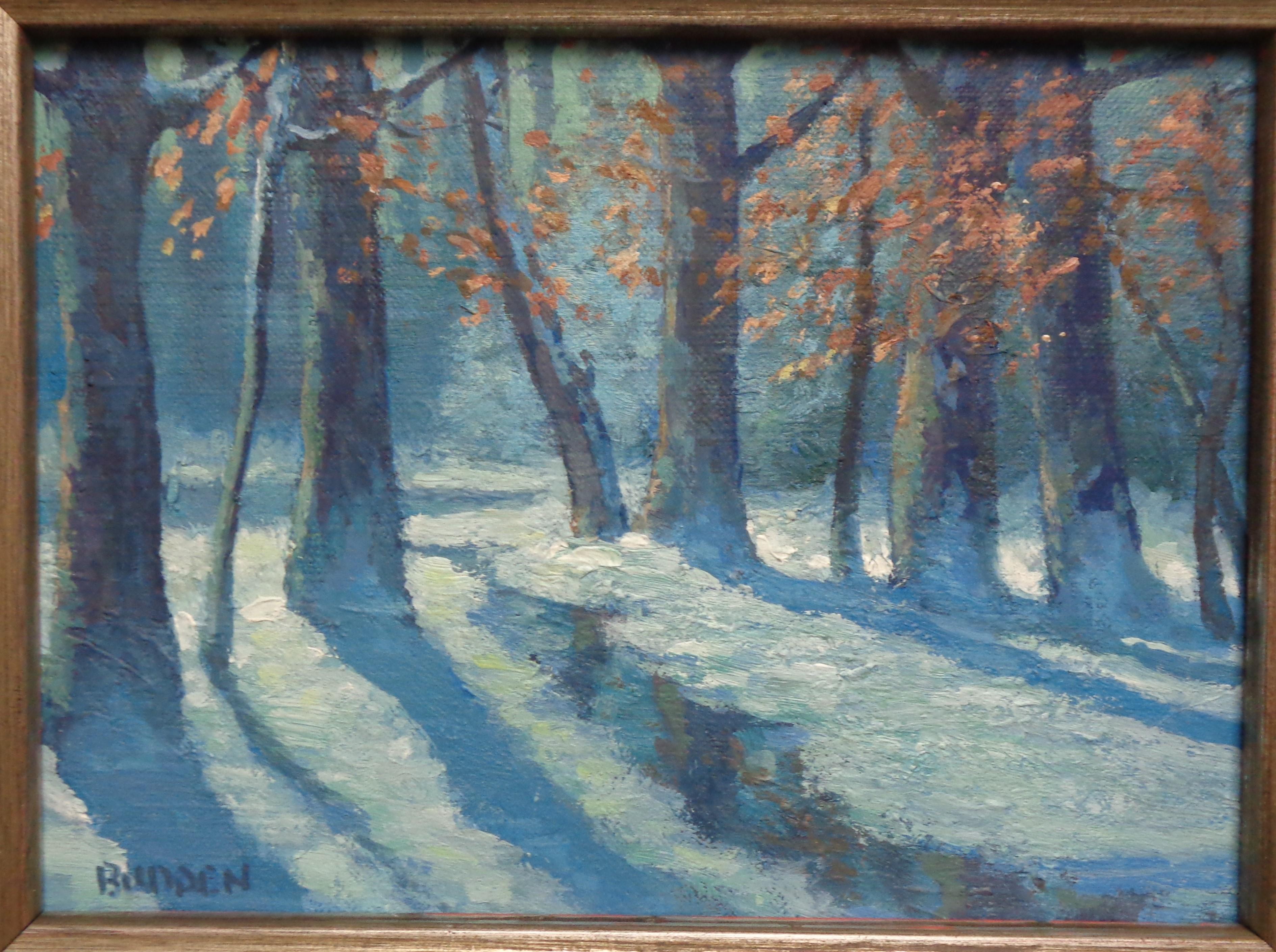  Peinture à l'huile impressionniste - Paysage de neige d'hiver - Michael Budden - Bois d'hiver en vente 1