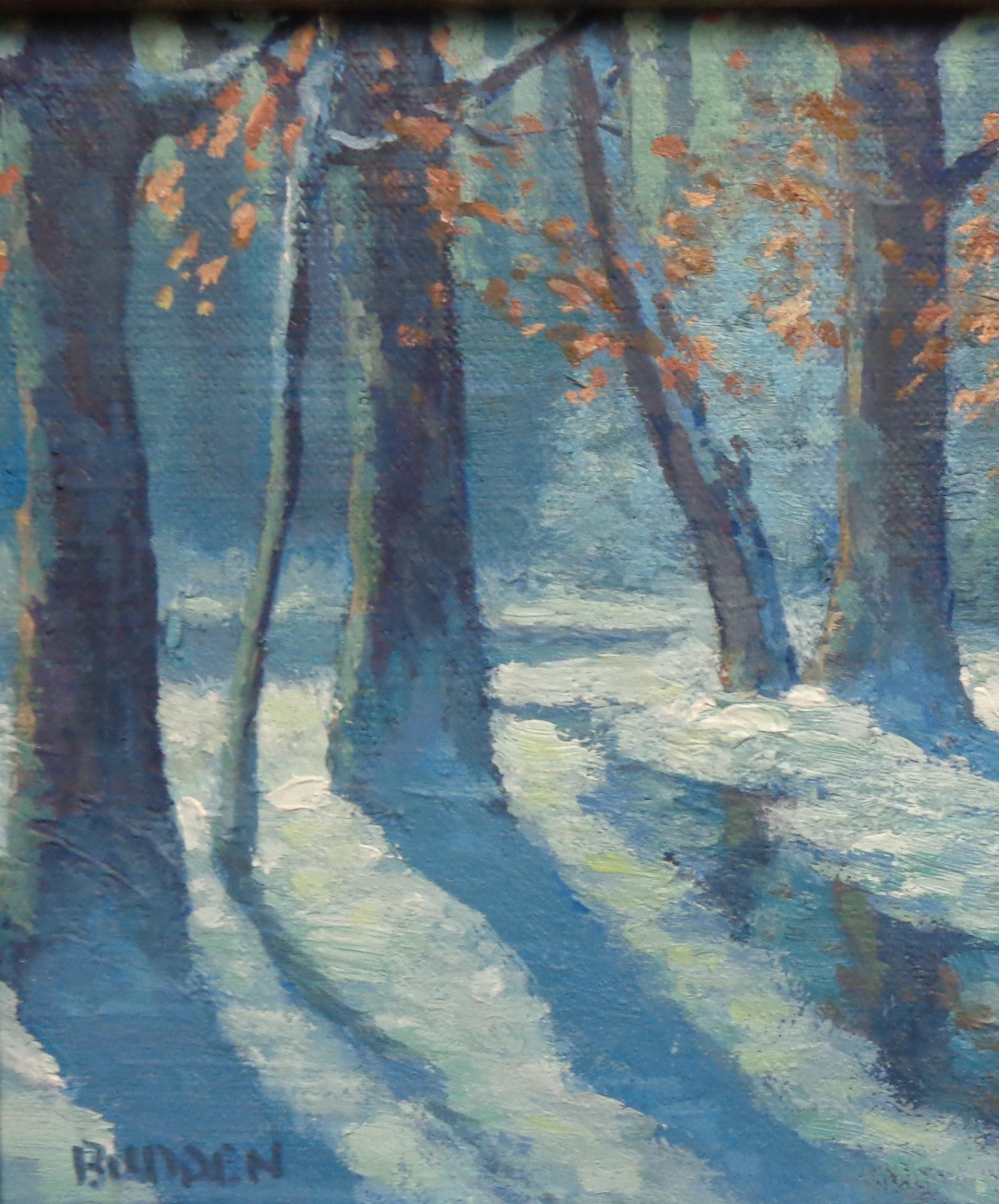  Peinture à l'huile impressionniste - Paysage de neige d'hiver - Michael Budden - Bois d'hiver en vente 2