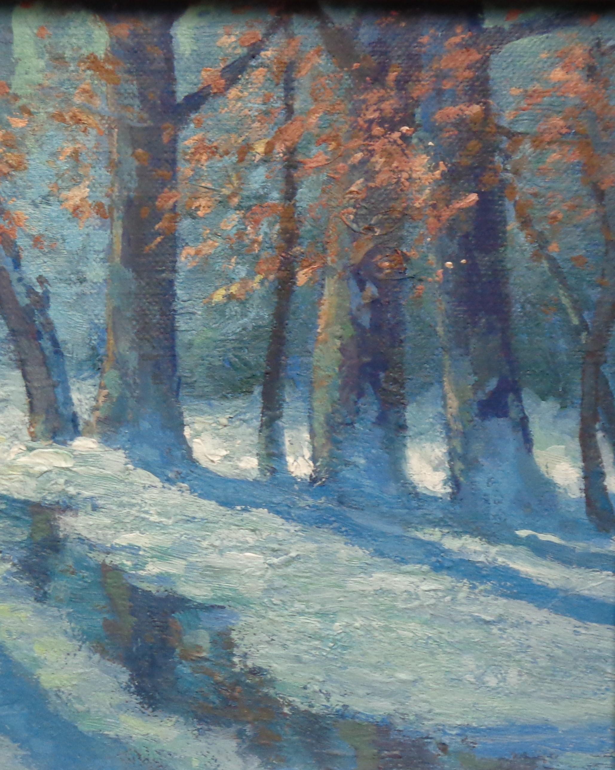  Peinture à l'huile impressionniste - Paysage de neige d'hiver - Michael Budden - Bois d'hiver en vente 3