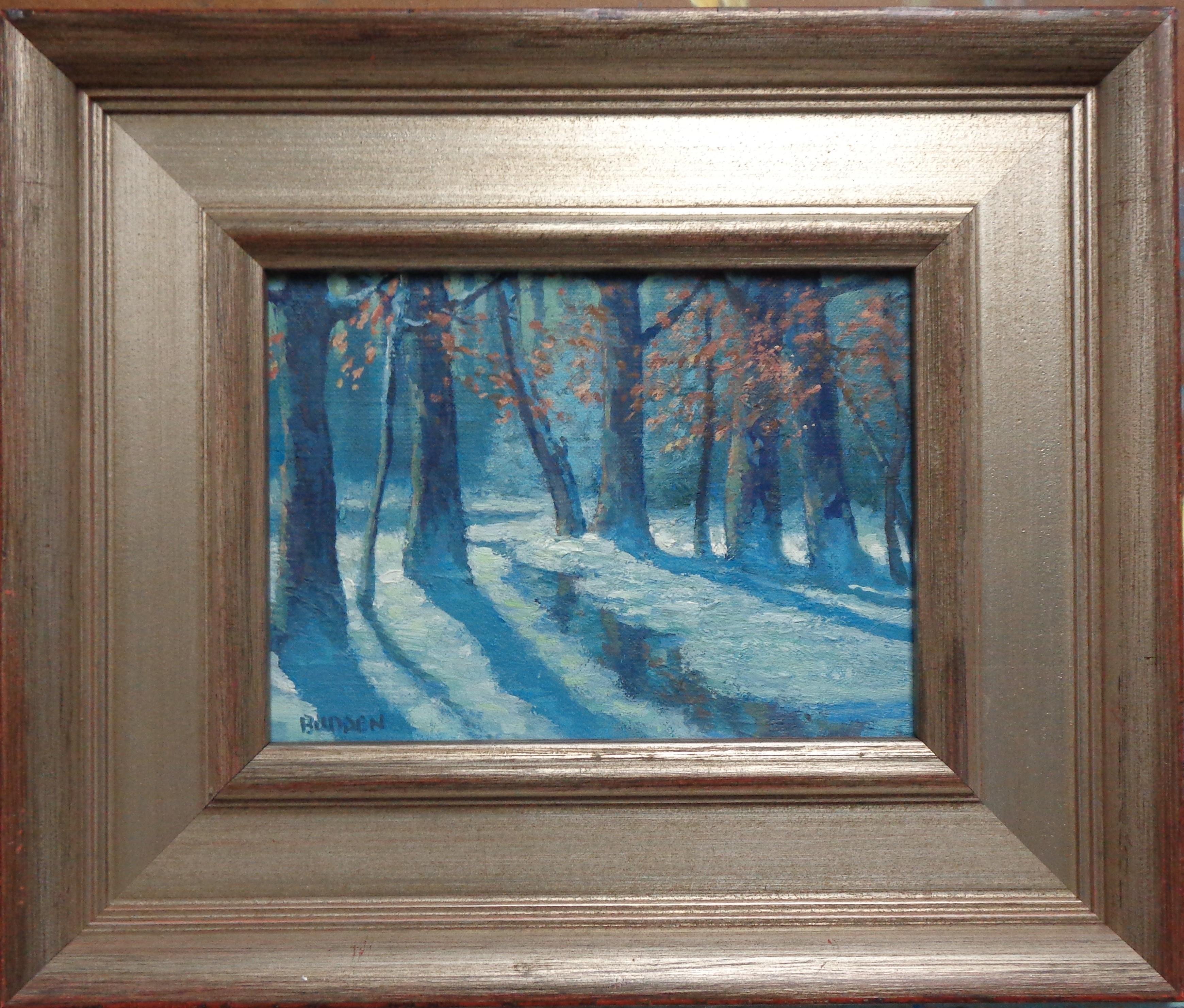 Winter Woods is a beautiful impressionistic winter landscape snow scene. The painting is on a canvas panel and exudes the rich qualities of oil paint with bright strong color, a variety of lost and found edges, visible brush work and a concentration