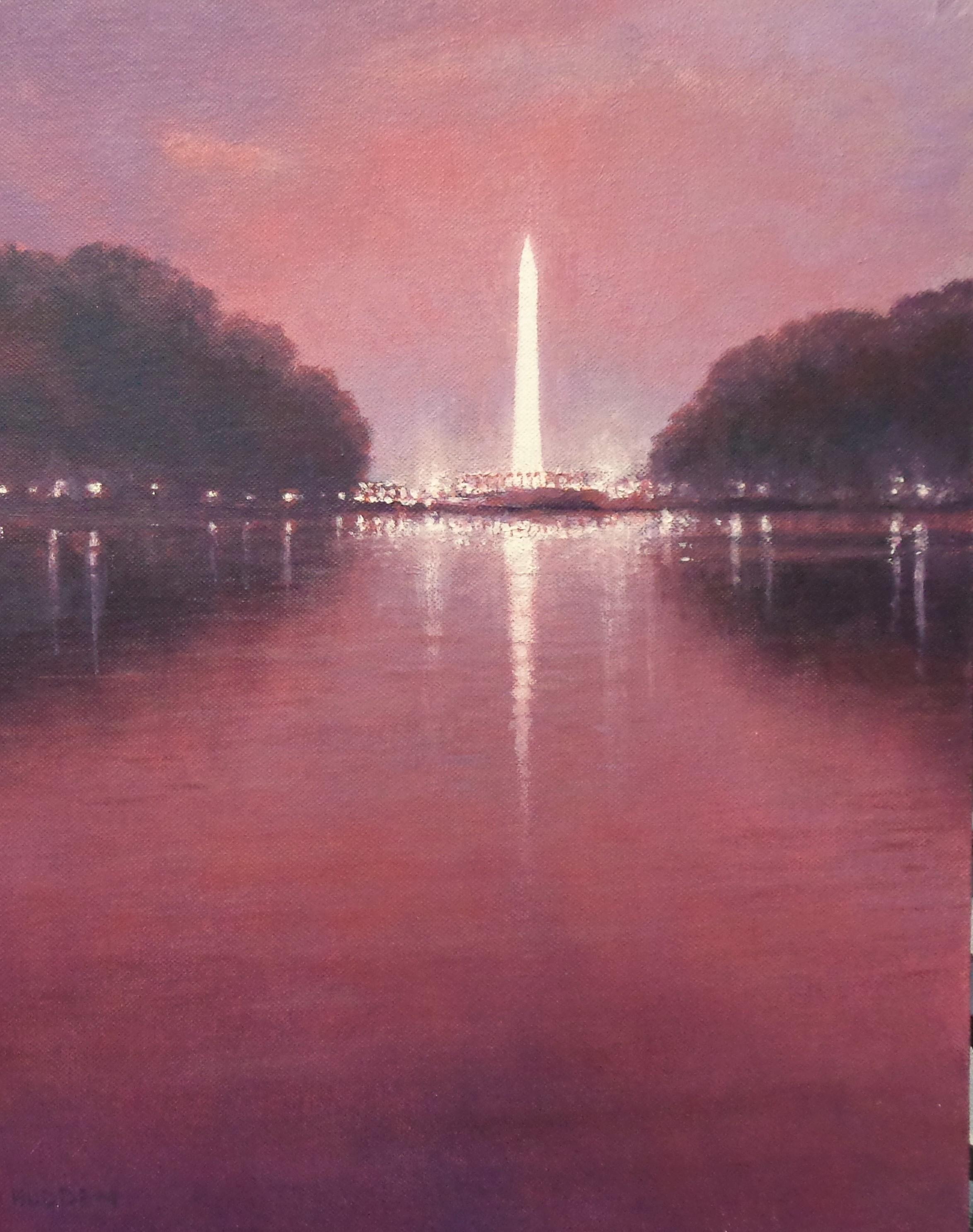 Dressed In Garnett Washington Monument  is an oil painting on canvas panel by award winning contemporary artist Michael Budden that showcases a country house in moonlight The image is 14 x 11 and 20.75 x 17.75 x 1 framed.  The coloration overall is