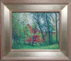 Peinture à l'huile de paysage de Michael Budden : « Spring Farm à travers les arbres »