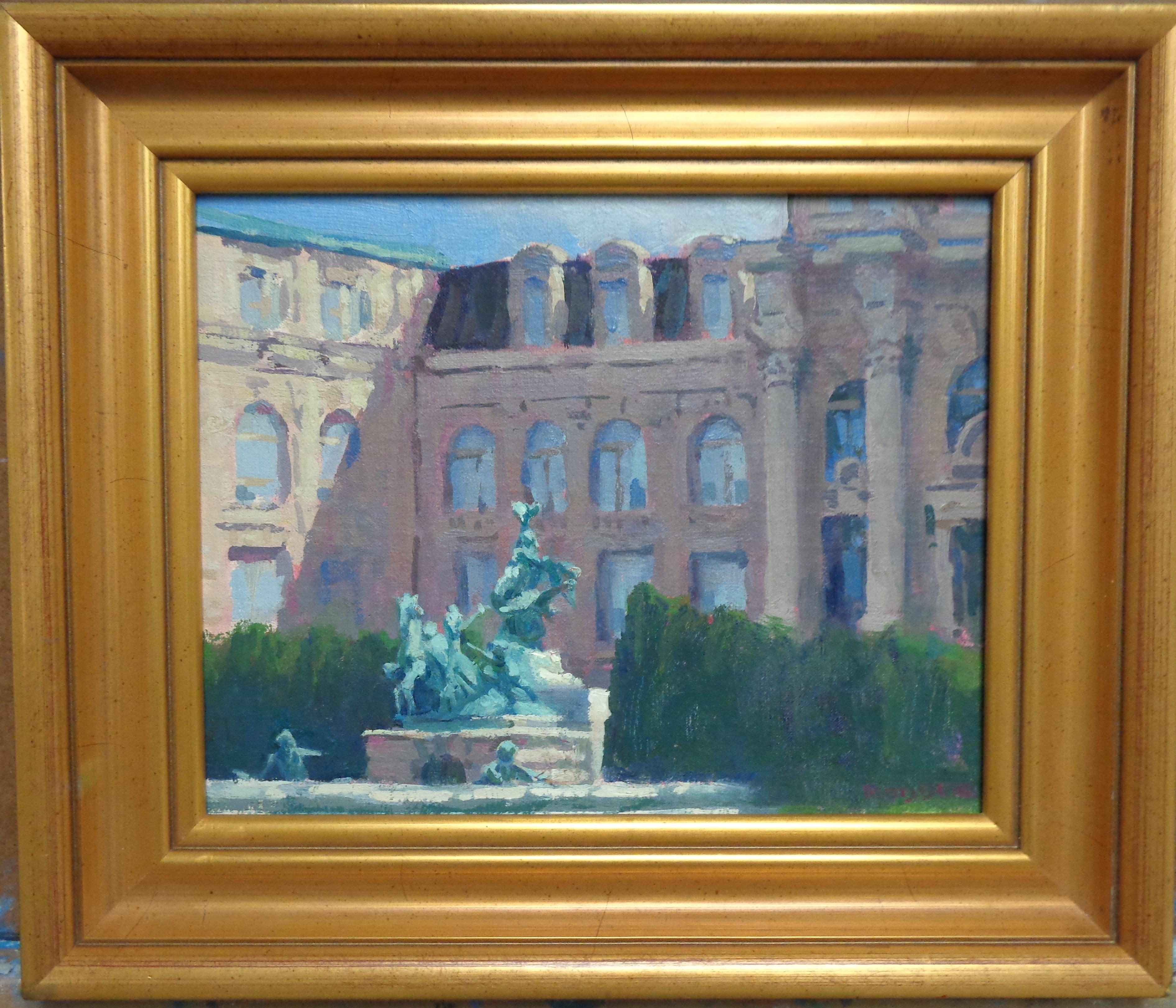 An oil painting on canvas panel by award winning contemporary artist Michael Budden that showcases the Botanical Gardens just north of New York City.  The image measures 8 x 10 unframed. The frame show some age from wear on its sides but reads well
